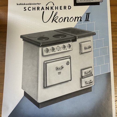 Altes Werbeprospekt von AEG Union Schrankherd Ökonom II aus den 50er Jahren