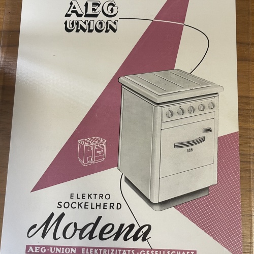 Altes Werbeprospekt von AEG Union Elektro Sockelherd Modena aus den 50er Jahren