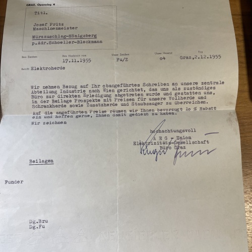 Alte Rechnung und Bestellung von AEG-Union 1955