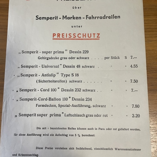 Preisblatt über Semperit-Marken-Fahrradreifen von 1936