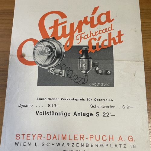 Werbung für Styria Fahrrad Licht von Steyr-Daimler-Puch A.G. von 20-30er Jahren