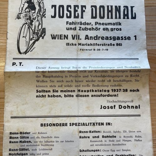 Ergänzungs-Preisliste für Katalog 1937/38 Dohnal Wien