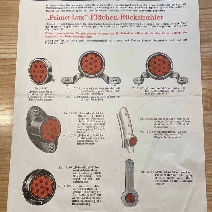 Alte Werbung Prima Lux - Flächen-Rückstrahler