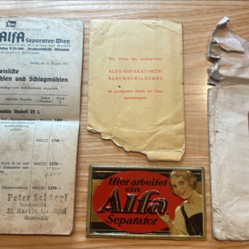 Alte Werbung von ALFA-Separator mit Preisliste von 1951