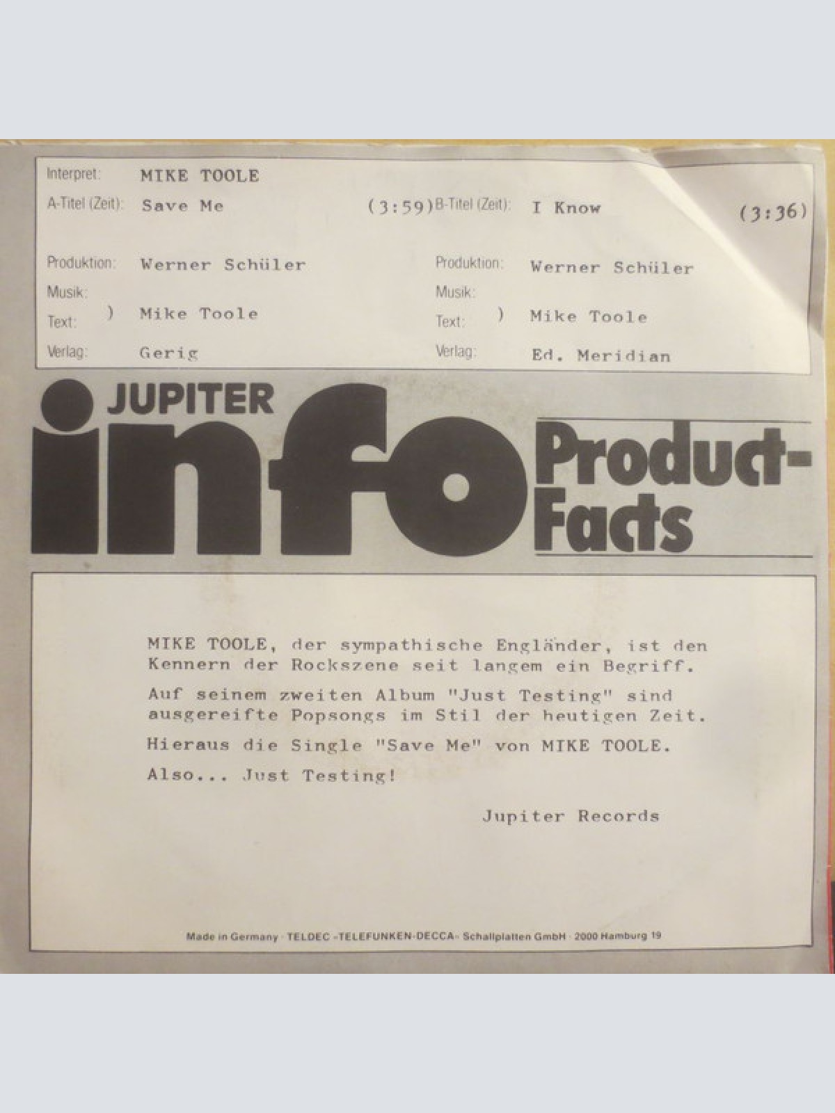 Vinyl / Mike Toole - Save Me