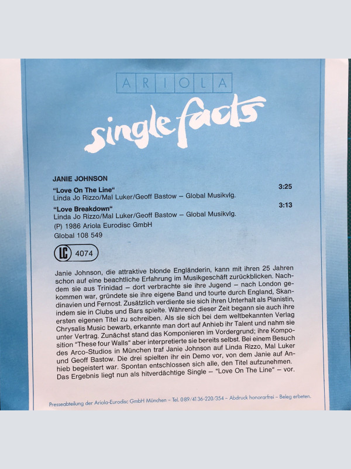 Vinyl / Janie Johnson - Love On The Line