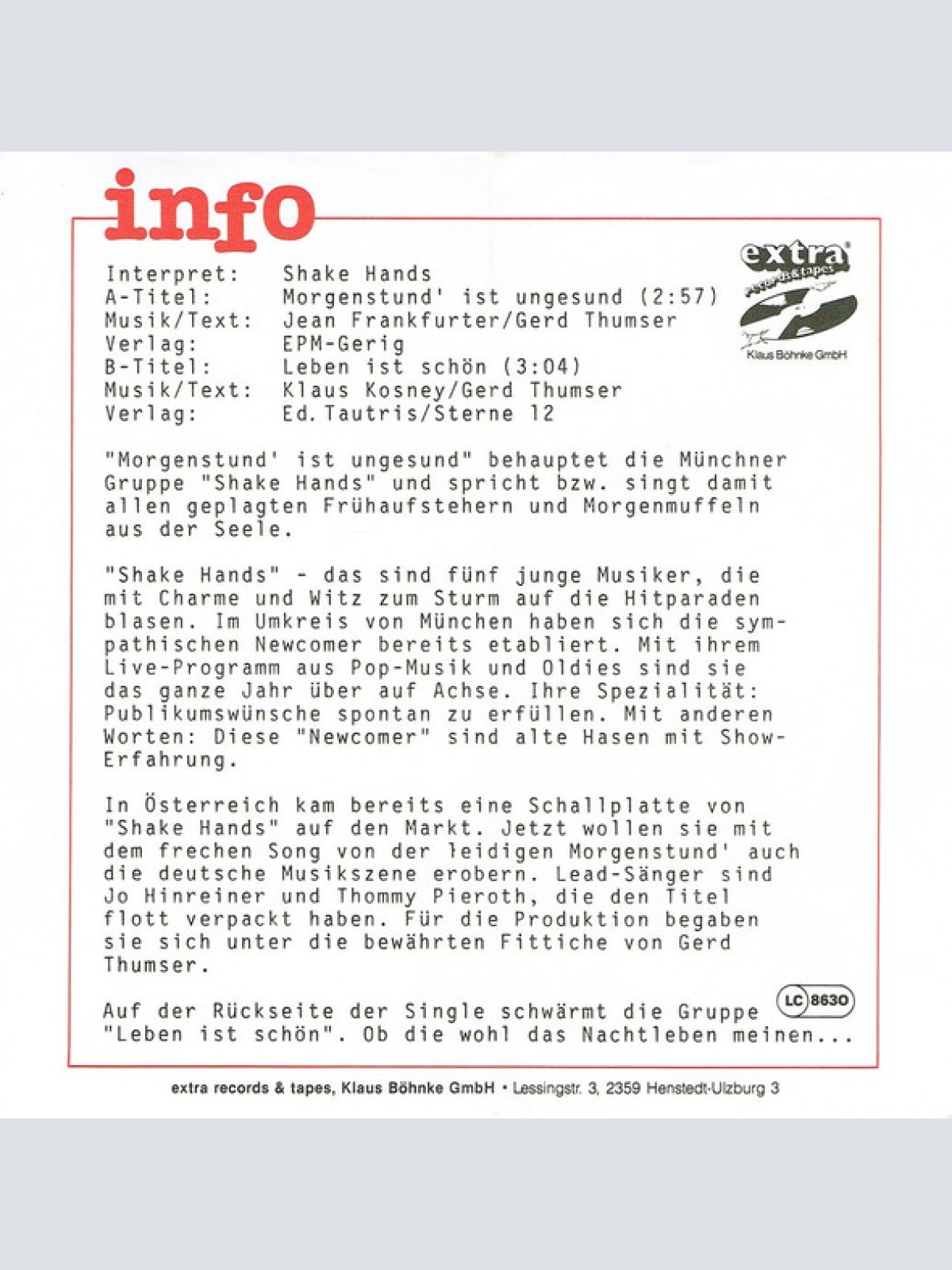 Vinyl / Shake Hands (2) - Morgenstund Ist Ungesund