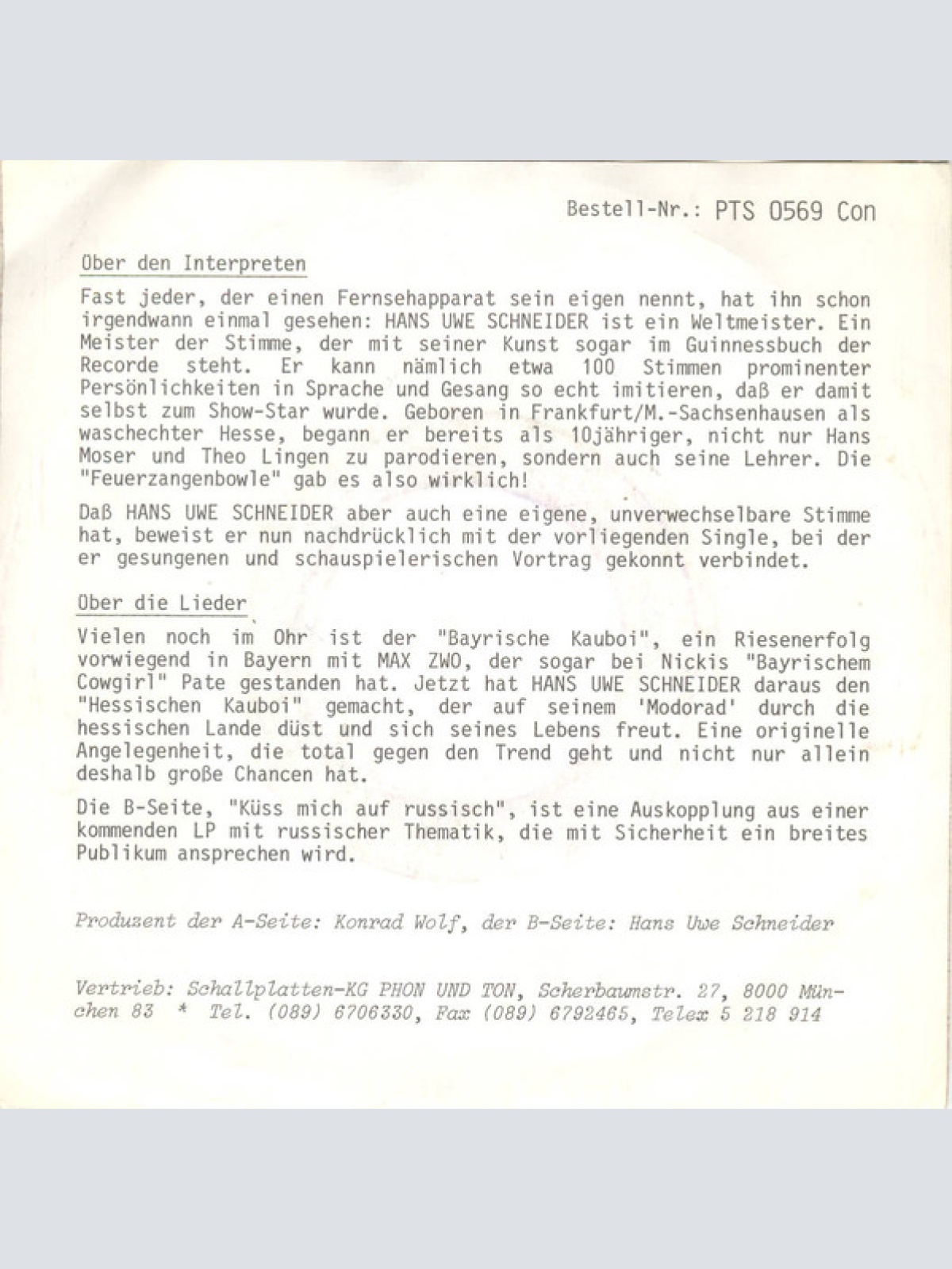 Vinyl / Hans Uwe Schneider - Hessischer Kauboi