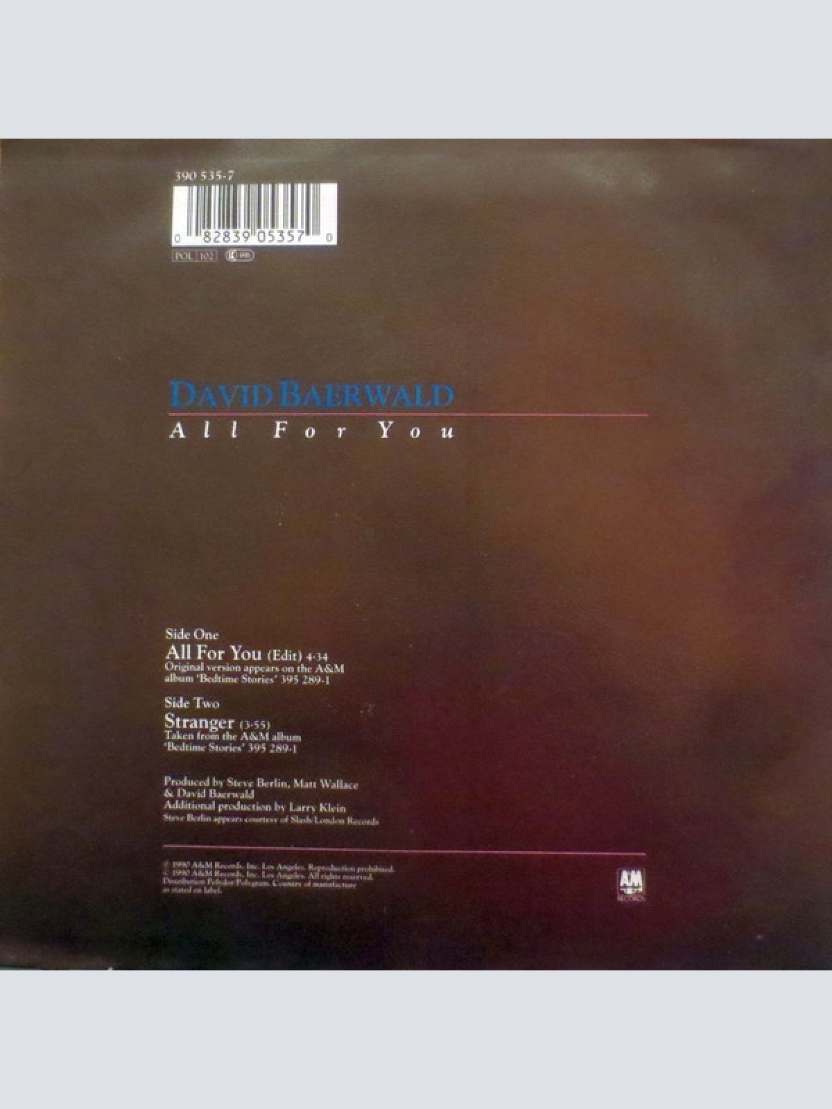 Vinyl / David Baerwald - All For You