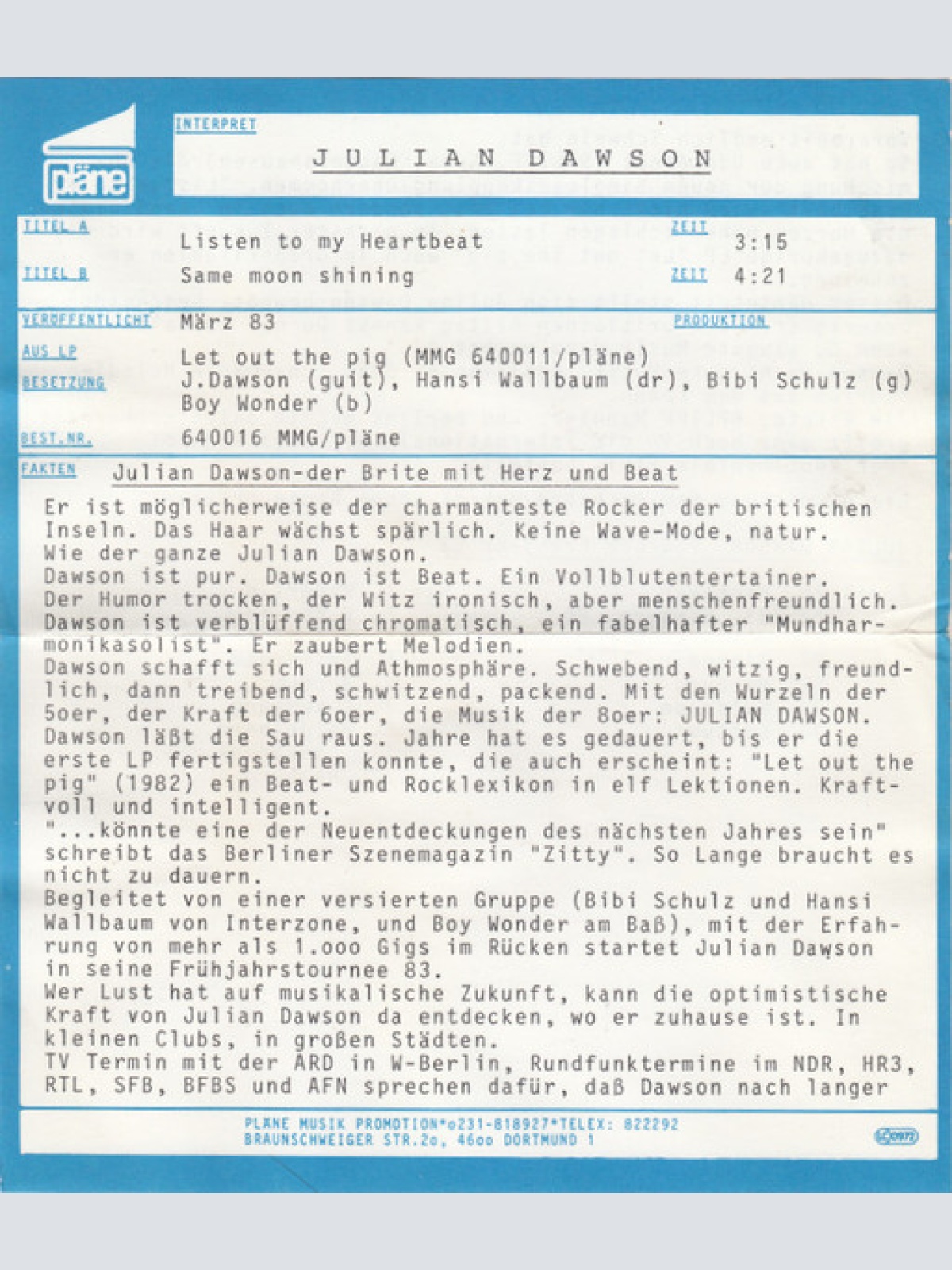 Vinyl / Julian Dawson - Listen To My Heartbeat