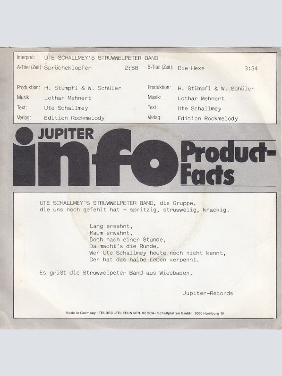 Vinyl / Ute Schallmey's Struwwelpeter Band - Der Sprücheklopfer / Die Hexe