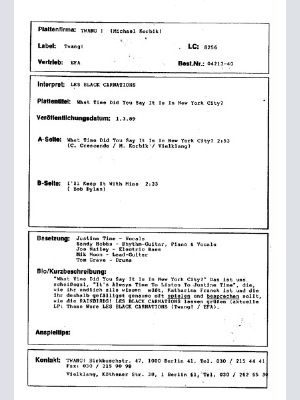 Vinyl / Les Black Carnations - What Time Did You Say It Is In New York City