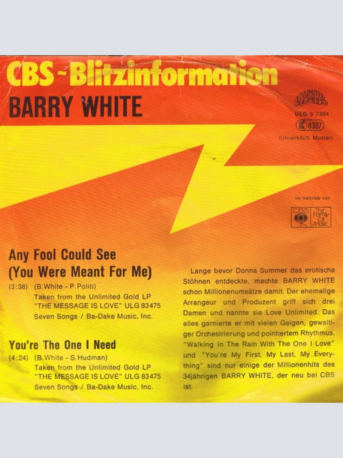 Vinyl / Barry White - Any Fool Could See (You Were Meant For Me)
