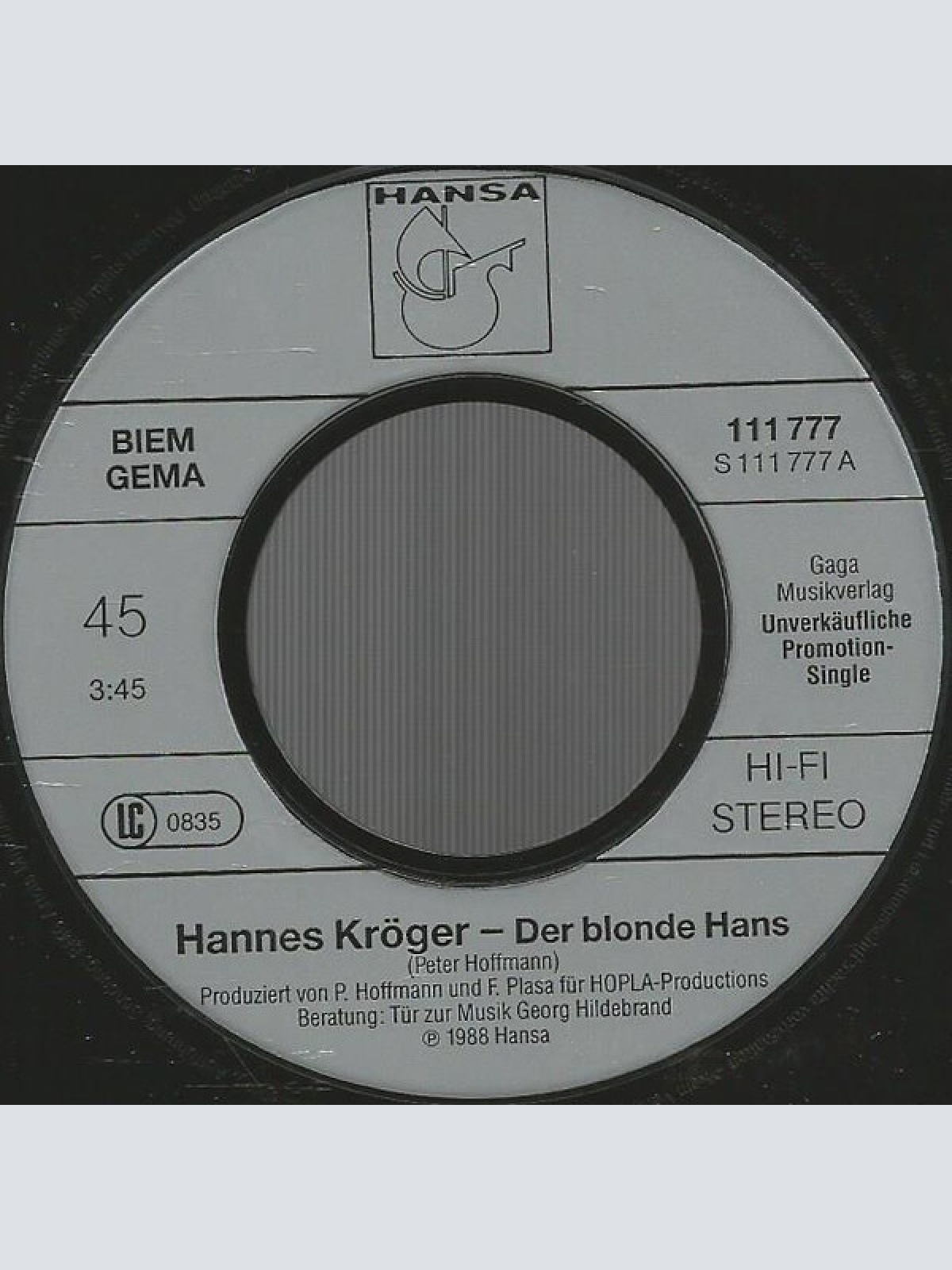Vinyl / Hannes Kröger - Der Blonde Hans (Special-Radio-Version)