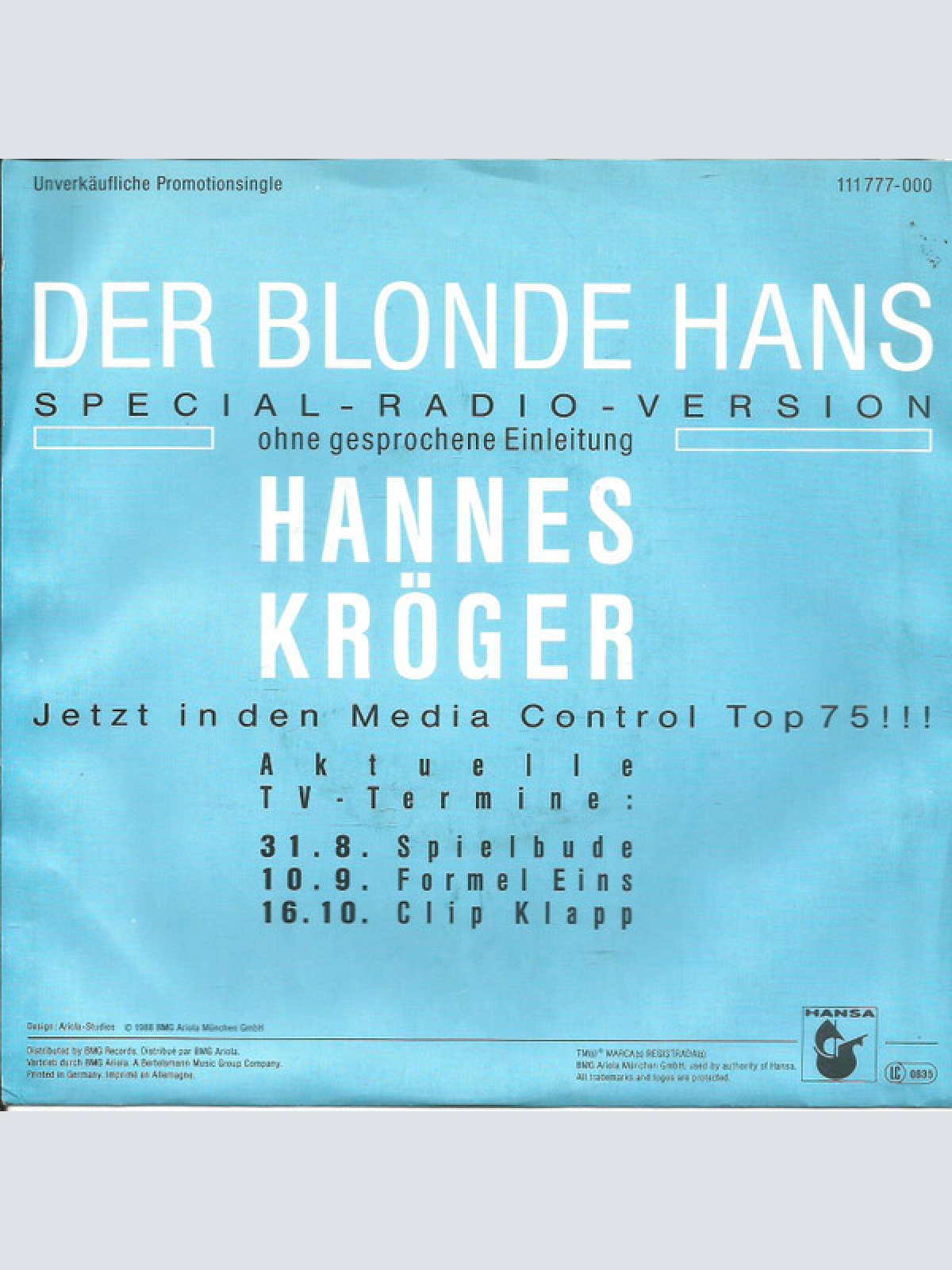 Vinyl / Hannes Kröger - Der Blonde Hans (Special-Radio-Version)