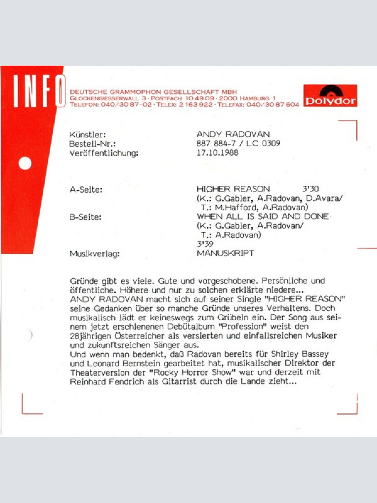 Vinyl / Andy Radovan - Higher Reason