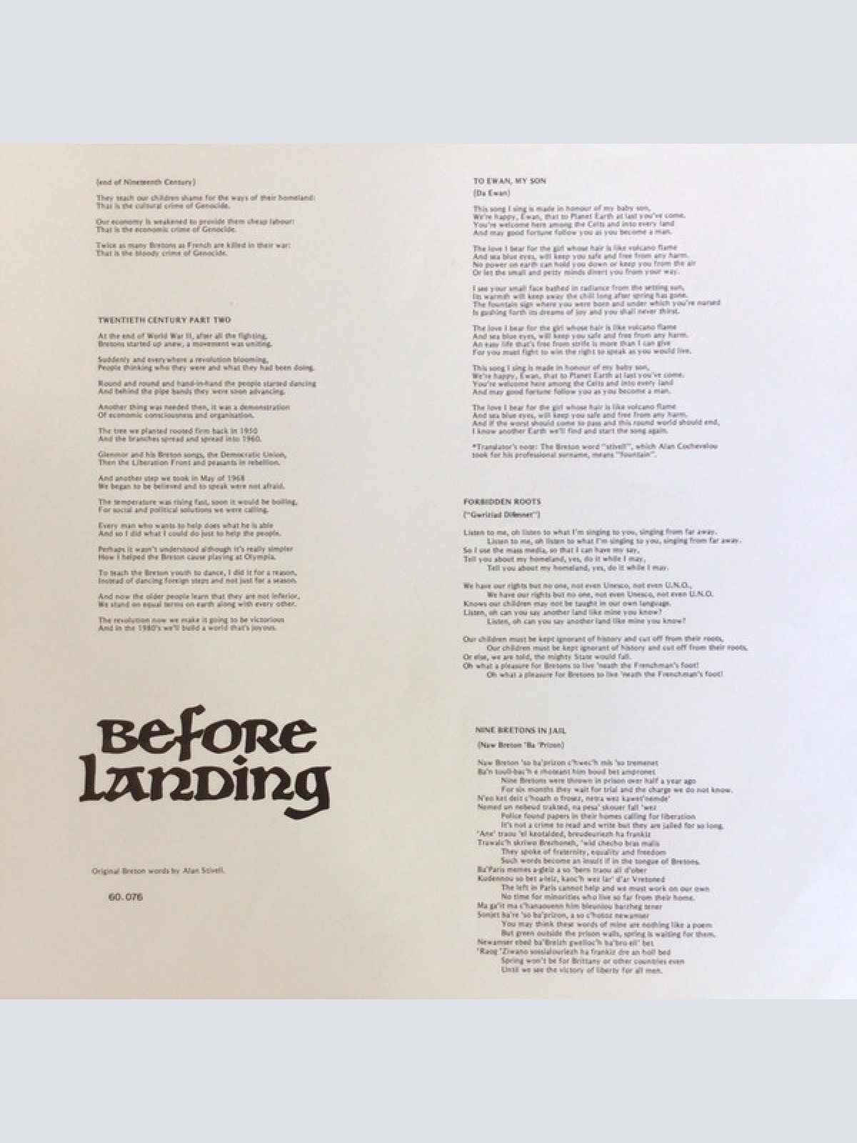 Vinyl / Alan Stivell - Before Landing (Raok Dilestra)