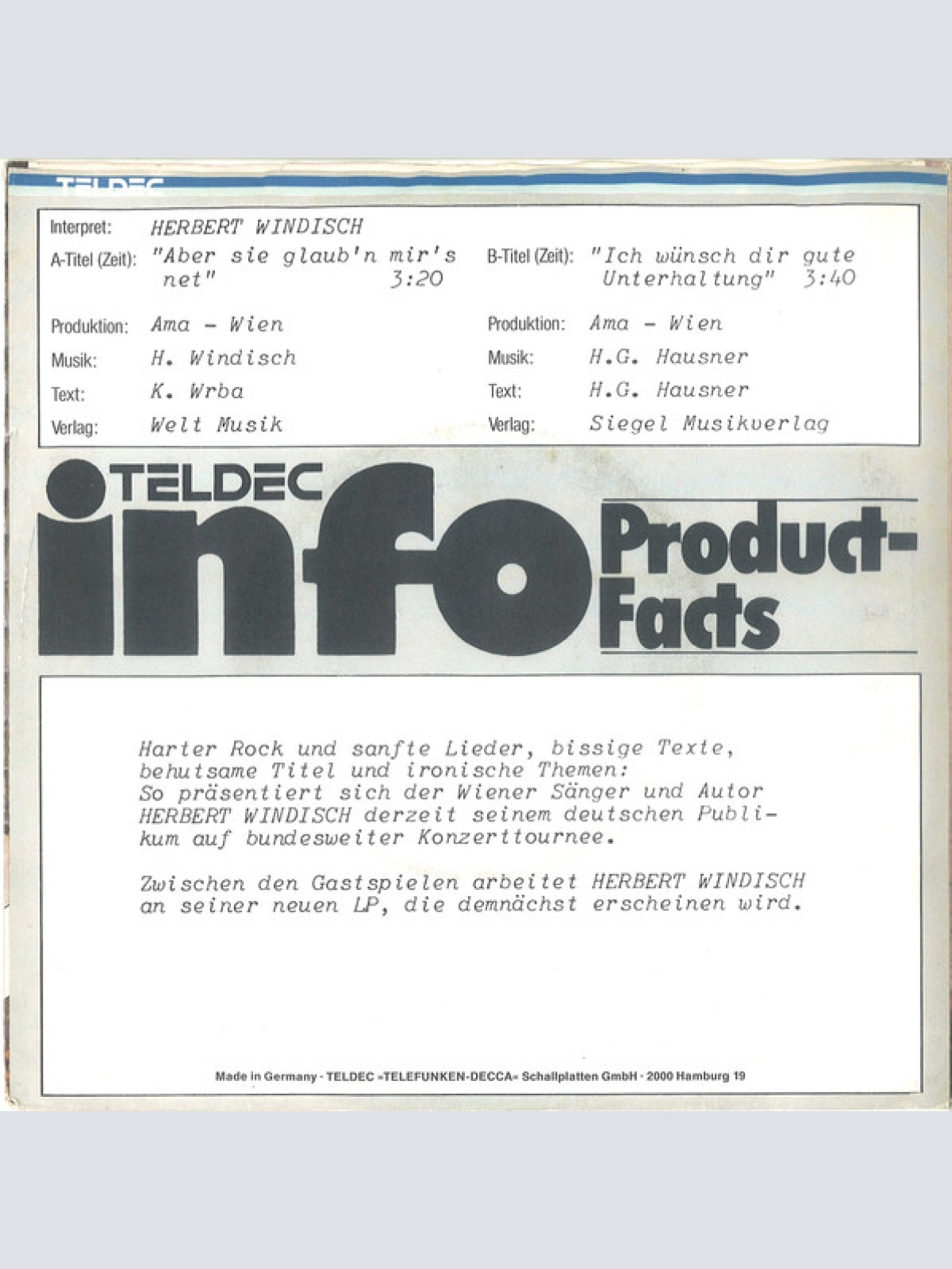 Vinyl / Herbert Windisch - Aber Sie Glaub'n Mir's Net