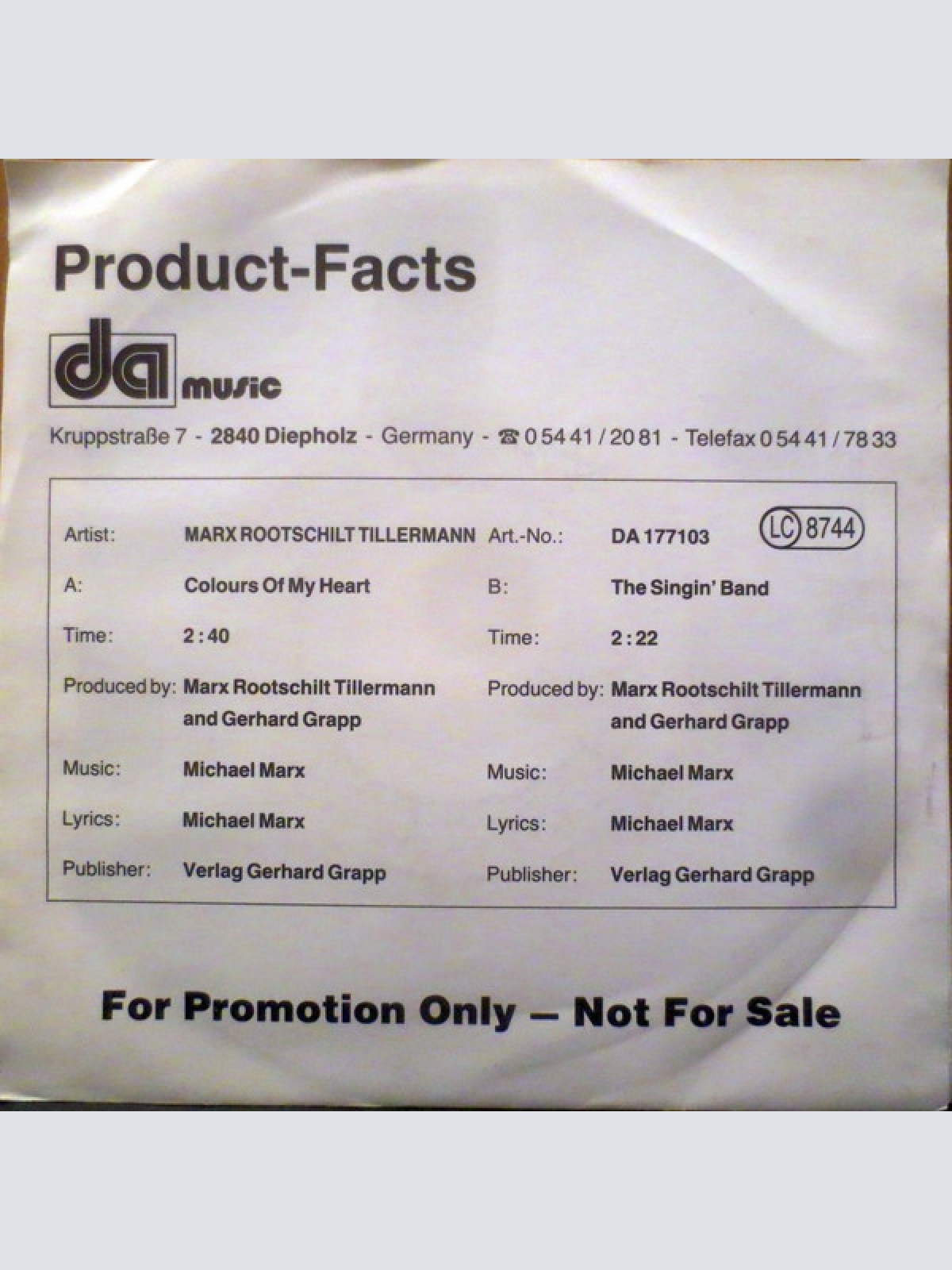 Vinyl / Marx Rootschilt Tillermann* - Goldene Europa 1991 (Nachwuchspreis)