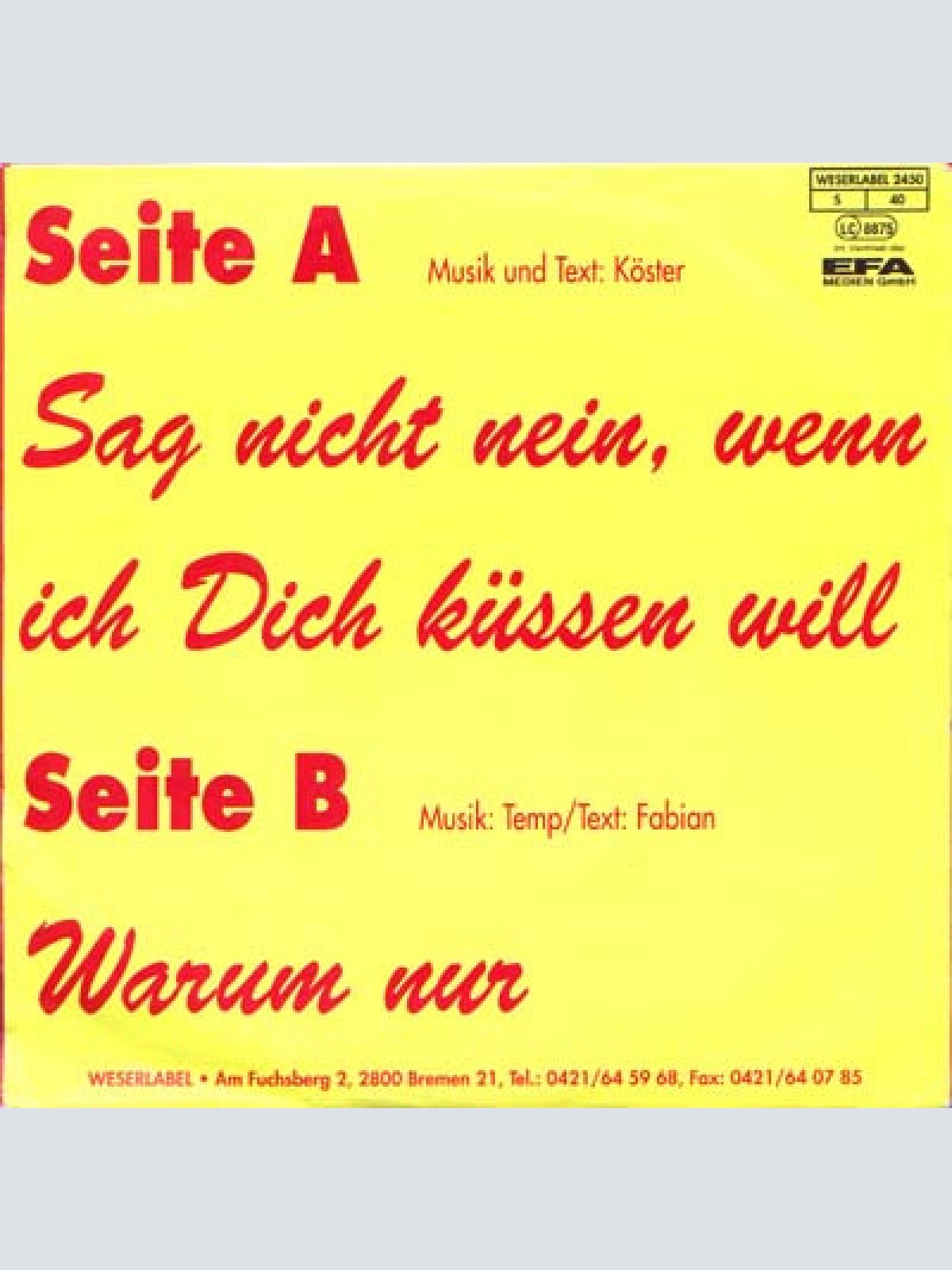 Vinyl / Die Mimmi's - Sag Nicht Nein, Wenn Ich Dich Küssen Will