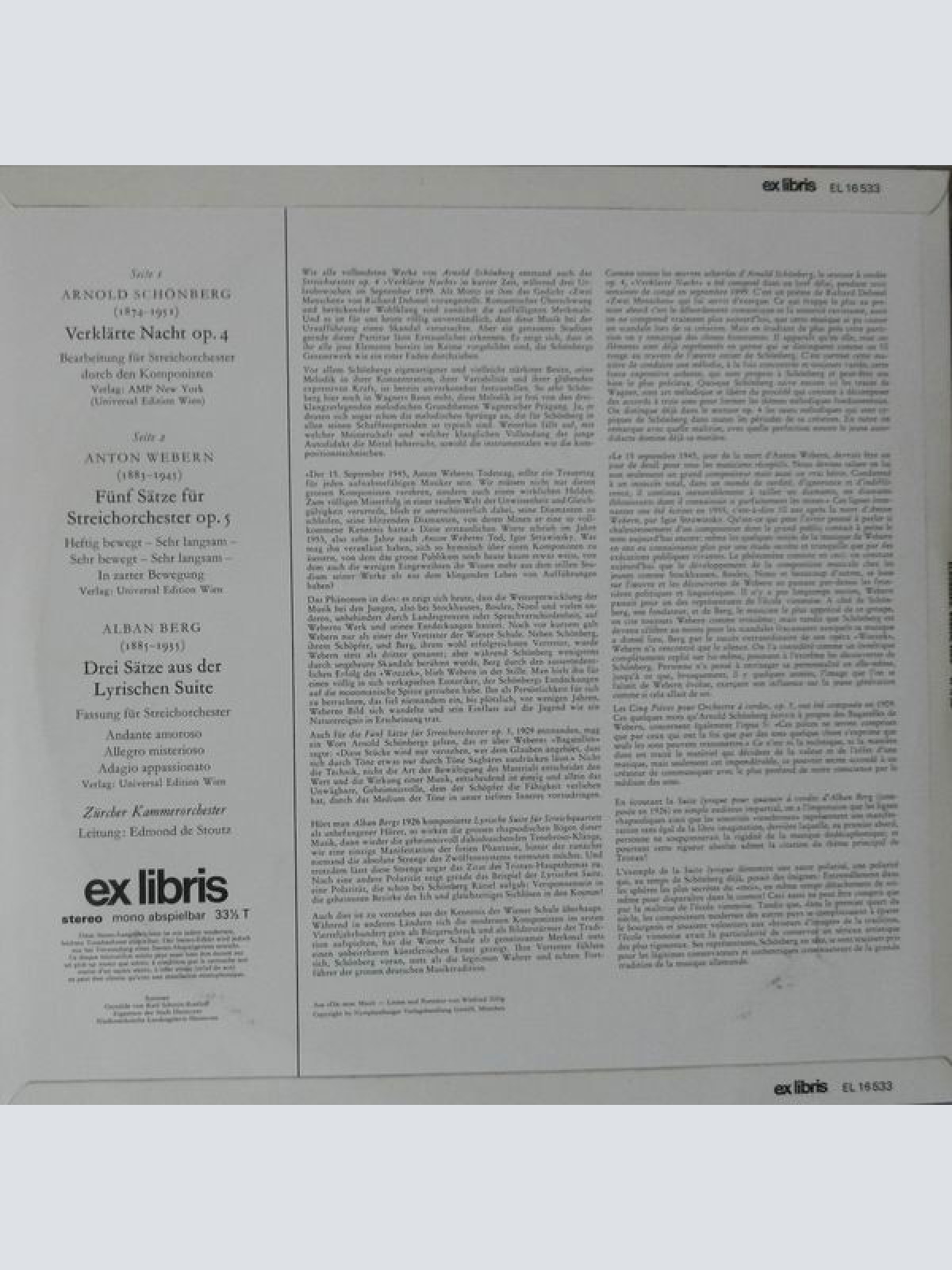 Vinyl / Schönberg* • Webern* • Berg*, Zürcher Kammerorchester / Edmond De Stoutz - Die Wiener Moderne Schule