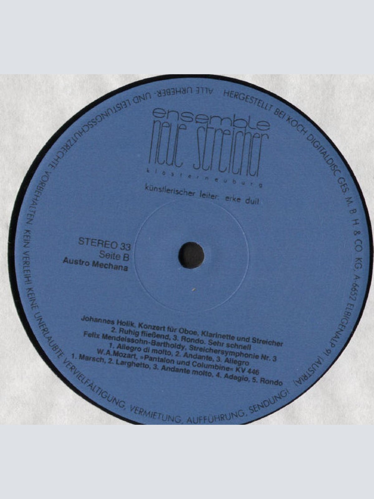 Vinyl / Frenzel*, Holik*, Mendelssohn*, Mozart*, Das Ensemble ,Neue Streicher'*, Erke Duit - Das Ensemble ,Neue Streicher' Musiziert Unter Erke Duit