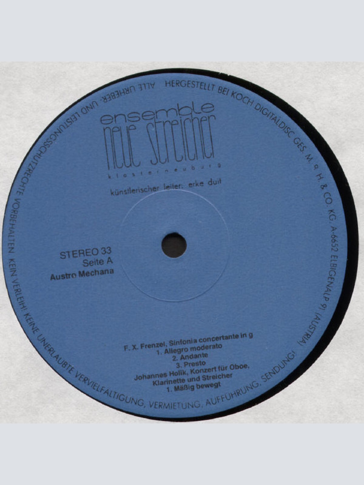 Vinyl / Frenzel*, Holik*, Mendelssohn*, Mozart*, Das Ensemble ,Neue Streicher'*, Erke Duit - Das Ensemble ,Neue Streicher' Musiziert Unter Erke Duit