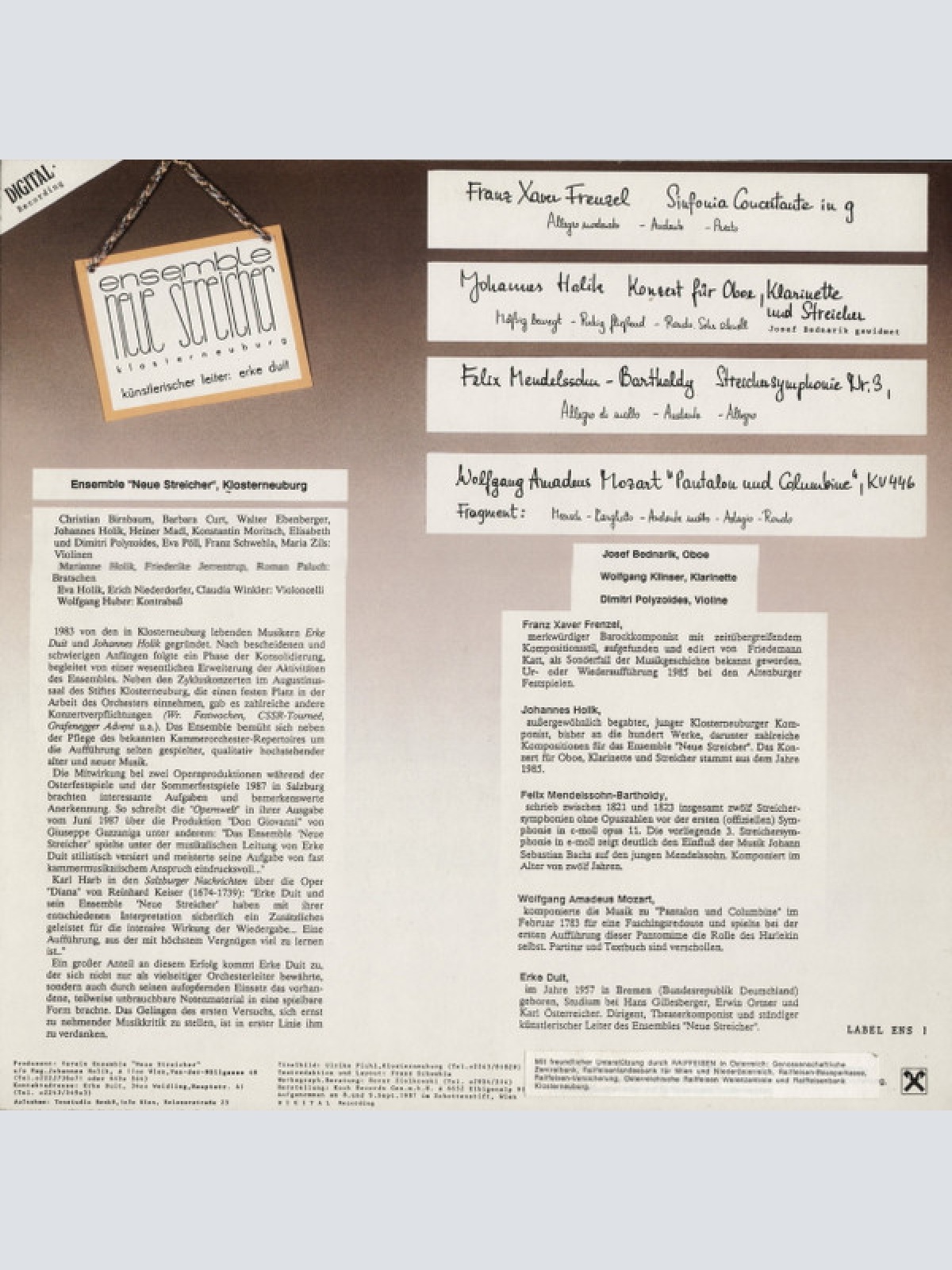 Vinyl / Frenzel*, Holik*, Mendelssohn*, Mozart*, Das Ensemble ,Neue Streicher'*, Erke Duit - Das Ensemble ,Neue Streicher' Musiziert Unter Erke Duit