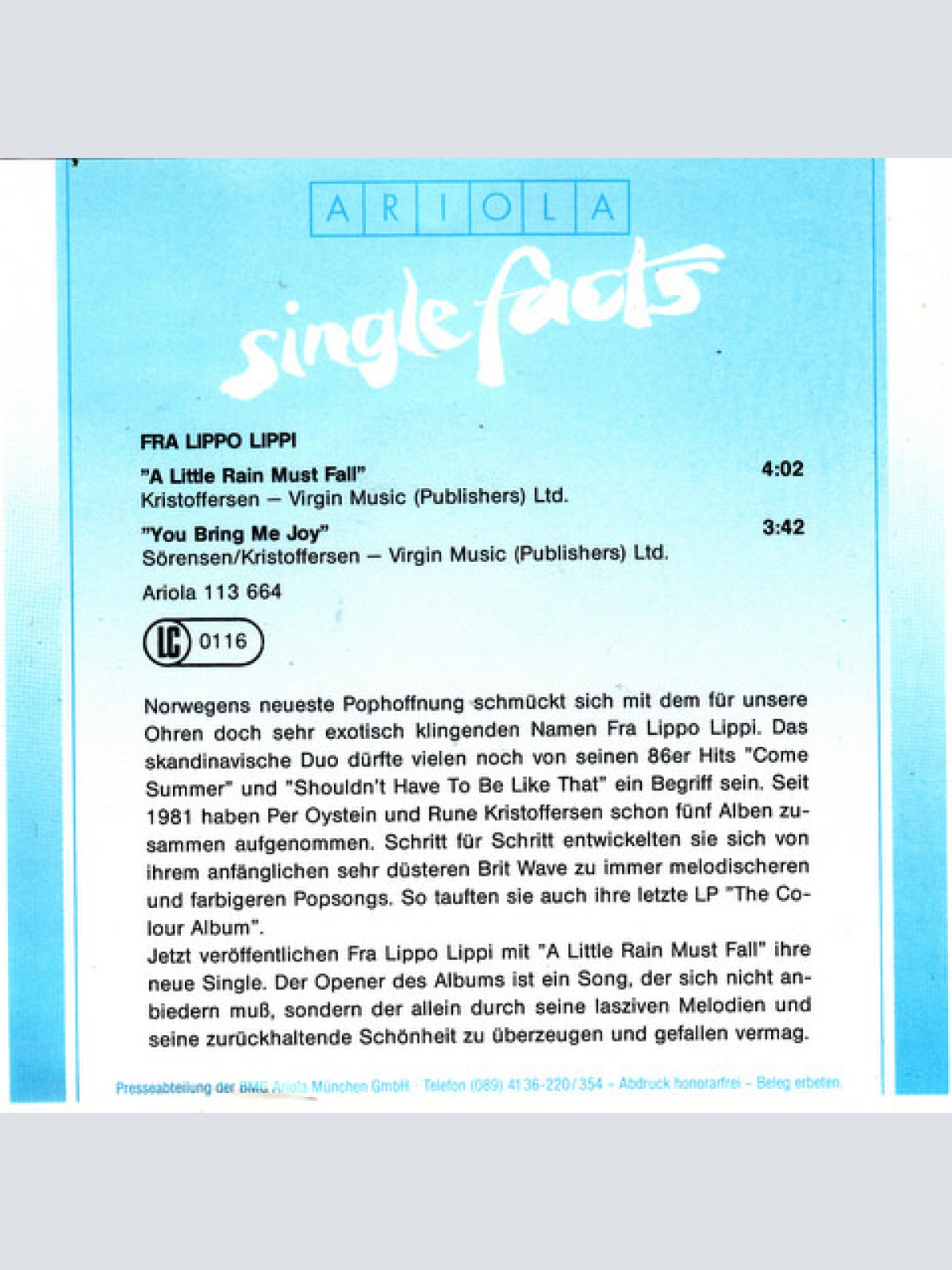 Vinyl / Fra Lippo Lippi - A Little Rain Must Fall