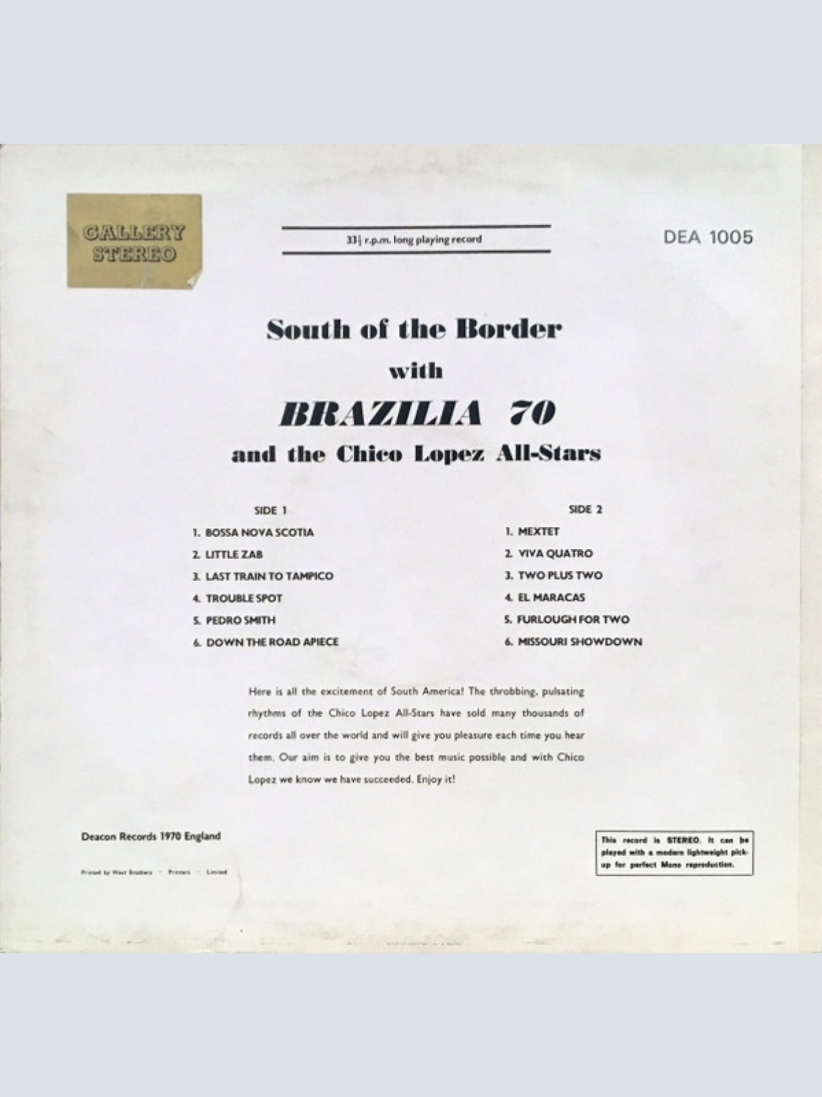 Vinyl / Brazilia 70 And The Chico Lopez All-Stars - South Of The Border