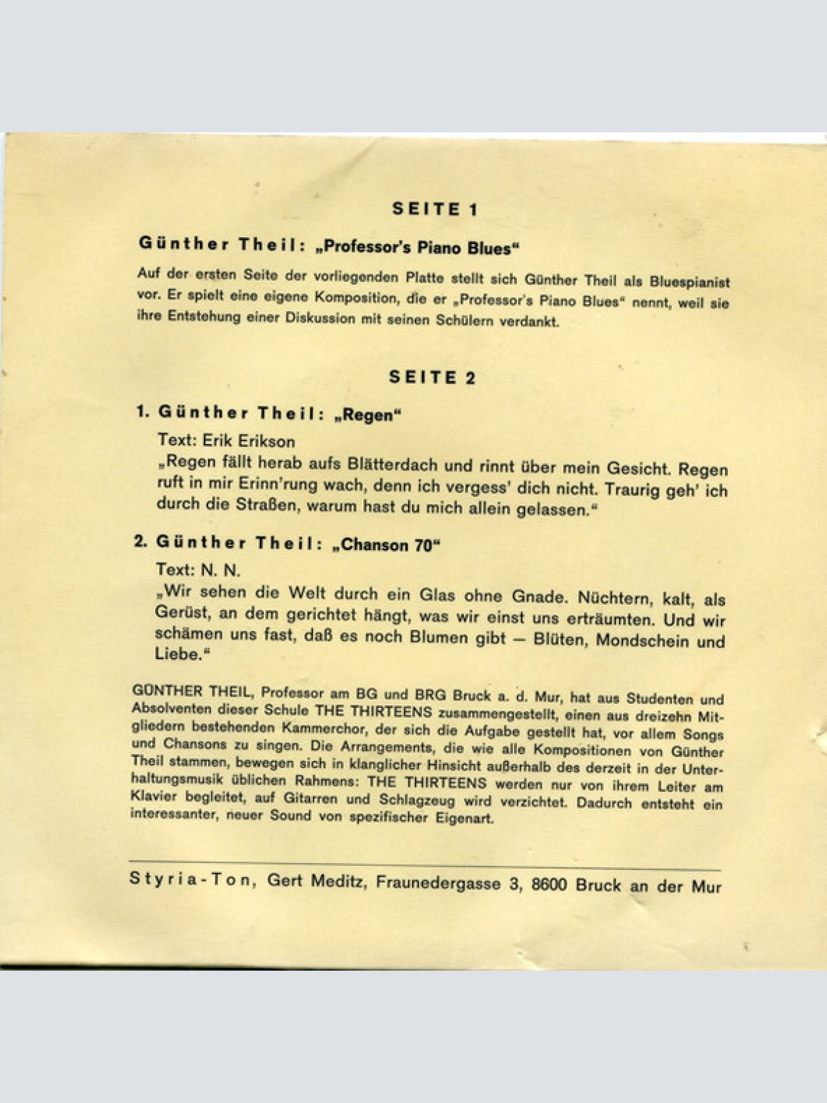 Vinyl / Günther Theil, The Thirteens (2) - Blues Song Chanson