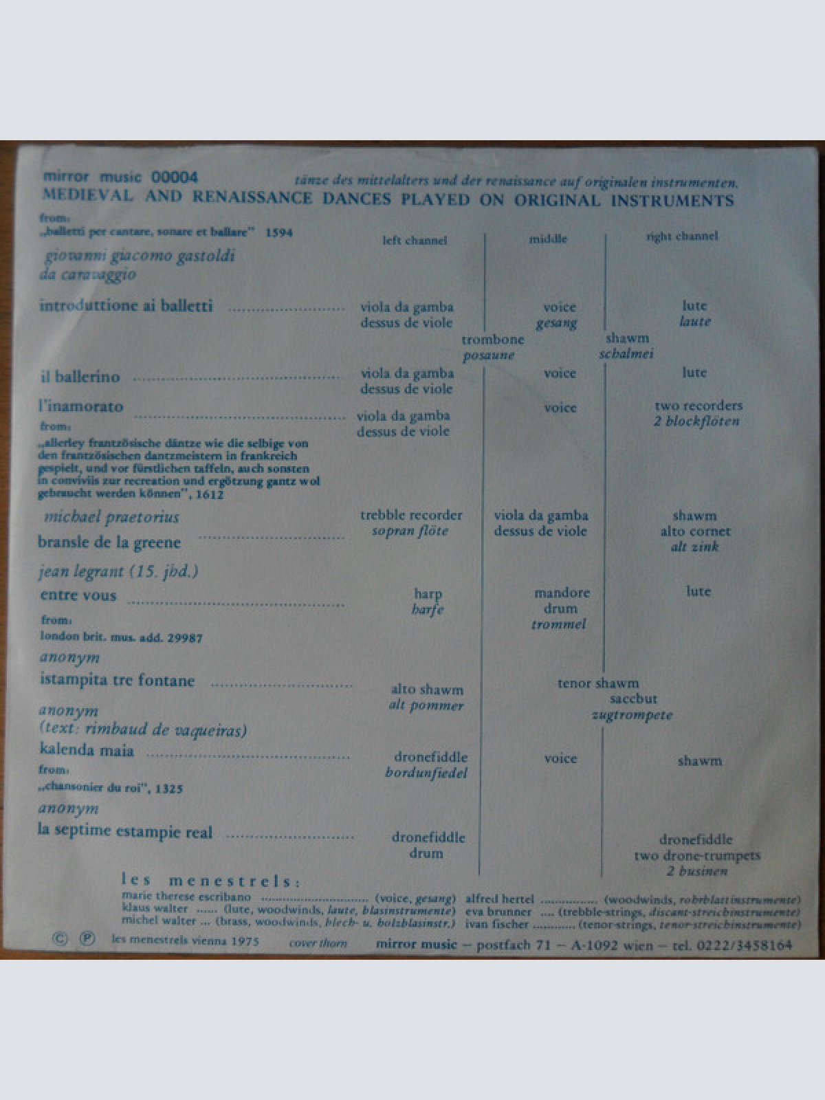 Vinyl / Les Menestrels - Medieval & Renaissance Dances Played On Original Instruments
