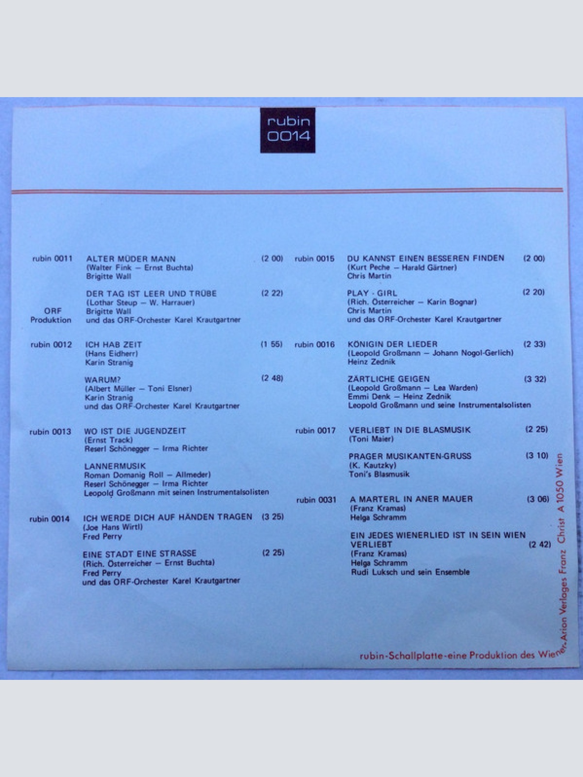 Vinyl / Fred Perry (2) - Ich Werde Dich Auf Händen Tragen / Eine Stadt, Eine Strasse