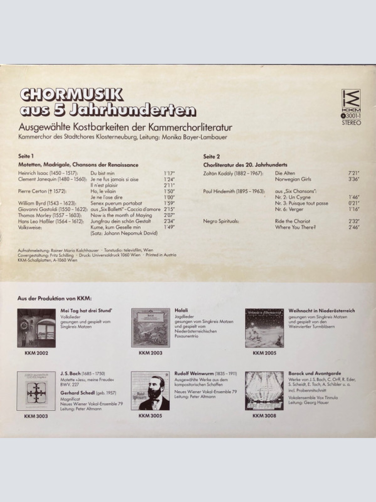 Vinyl / Kammerorchester Des Stadtchores Klosterneuburg, Monika Bayer-Lambauer - Chormusik aus 5 Jahrhunderten ∙ Ausgewählte Kostbarkeiten der Kammerchorliteratur