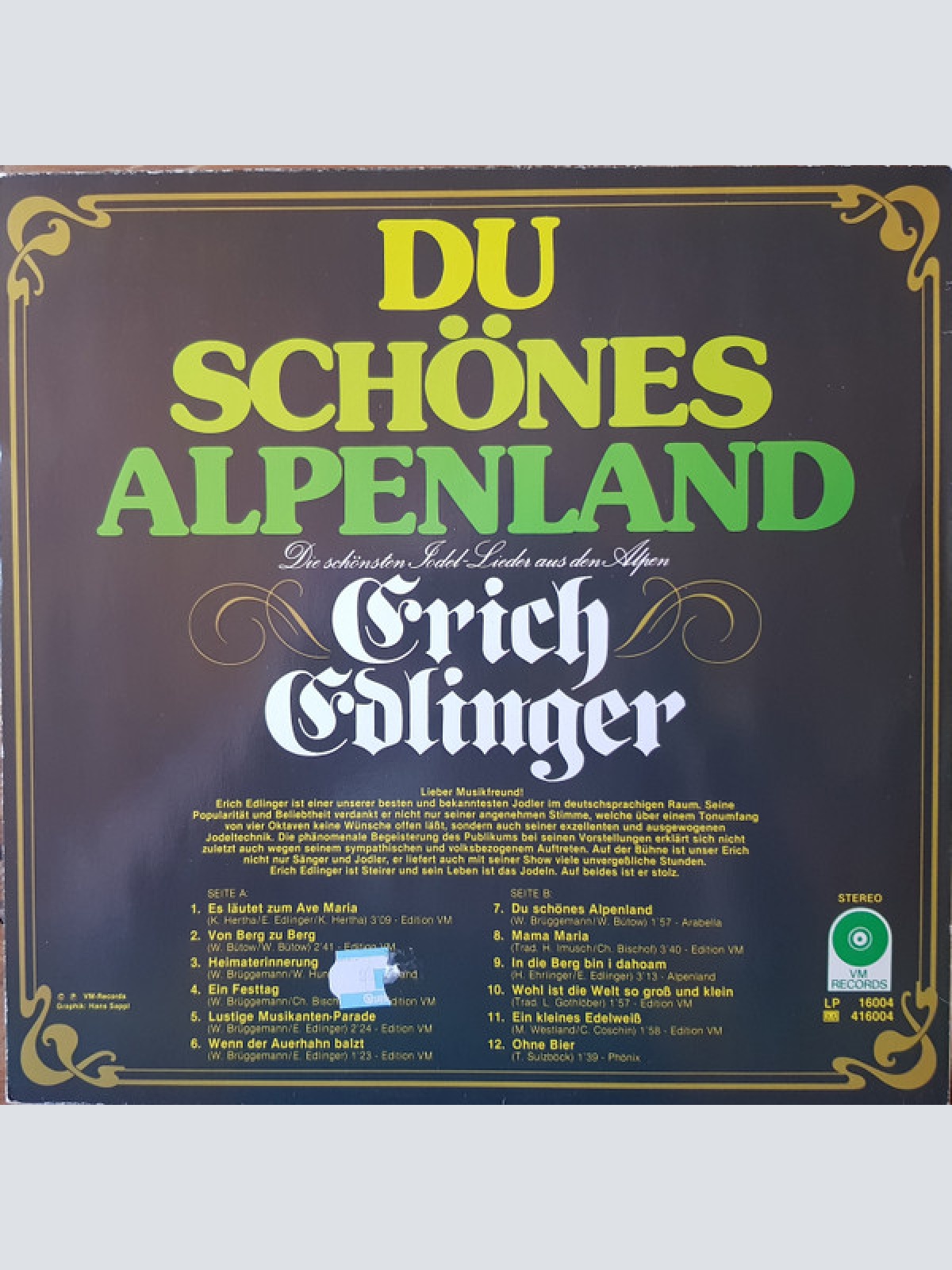 Vinyl / Erich Edlinger - Du Schönes Alpenland - Die Schönsten Jodel-Lieder Aus Den Alpen