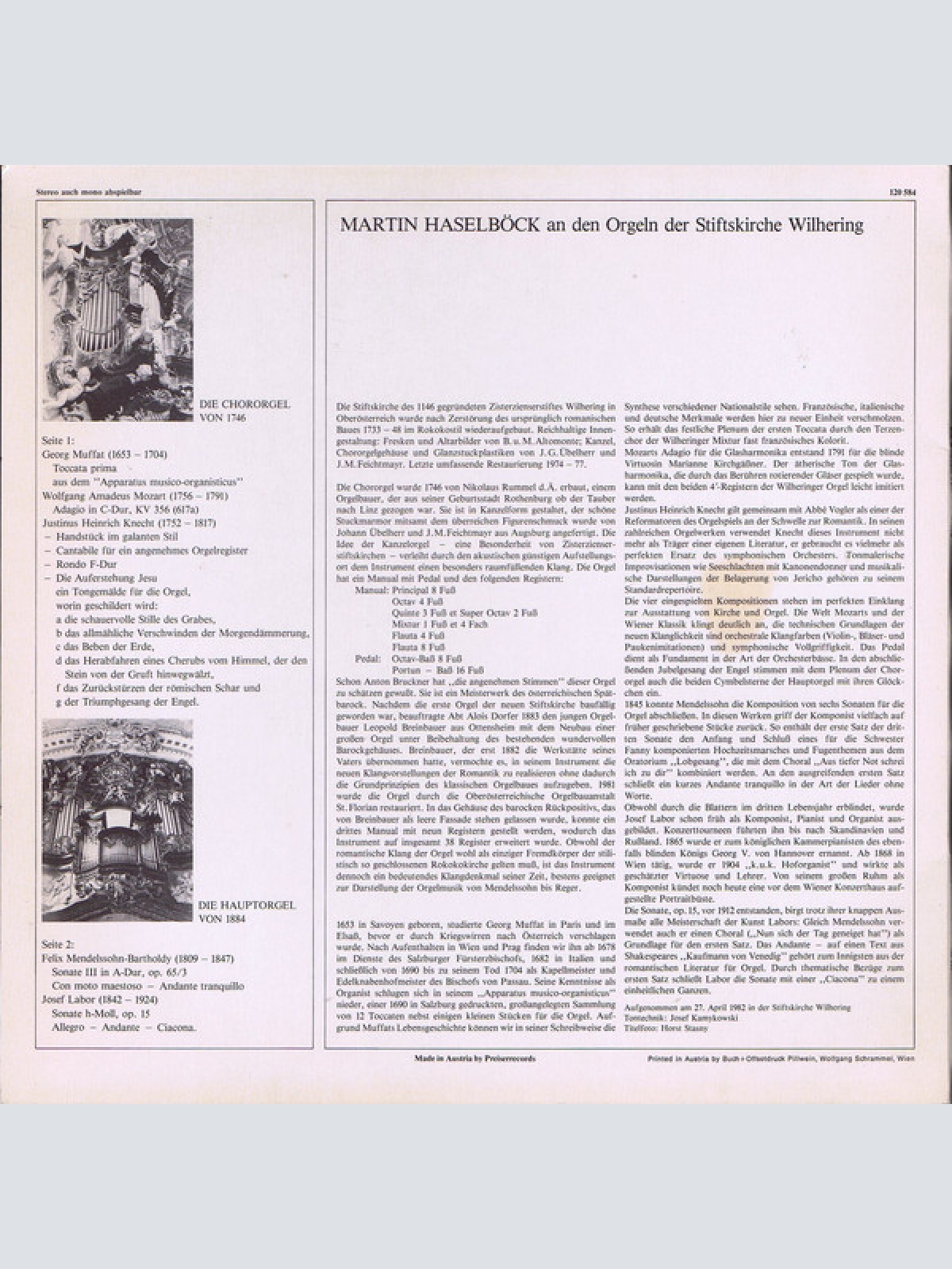 Vinyl / Martin Haselböck spielt Muffat*, Mozart*, Knecht*, Mendelssohn*, Labor* - Die Orgeln Von Wilhering