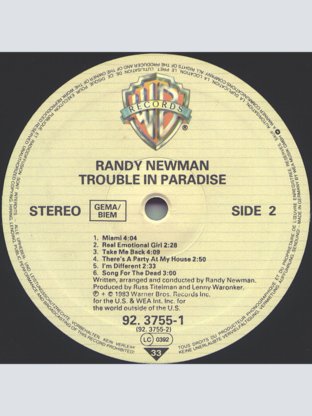 Vinyl / Randy Newman - Trouble In Paradise