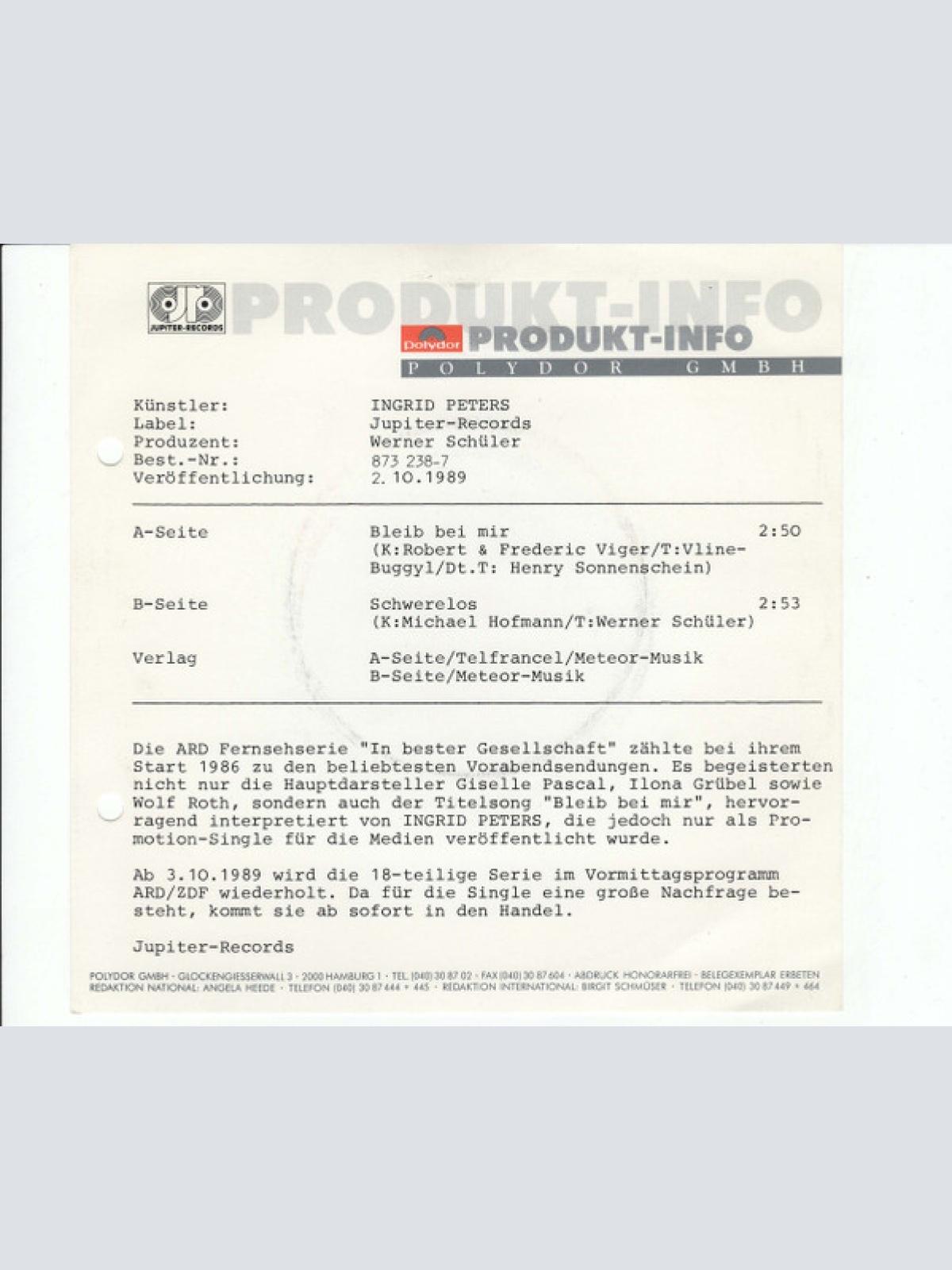 Vinyl / Ingrid Peters - Bleib Bei Mir (Titelmusik Zur ARD Serie In Bester Gesellschaft)