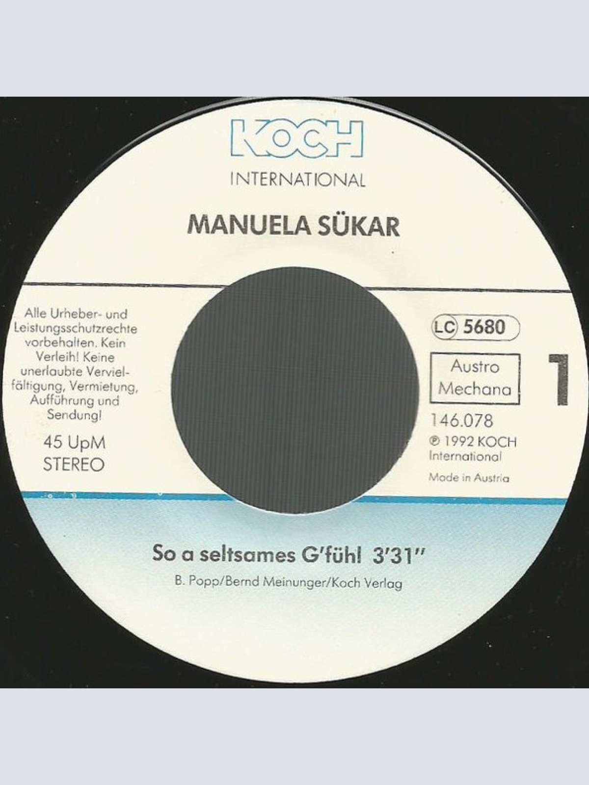 Vinyl / Manuela Sükar - So A Seltsames G'fühl