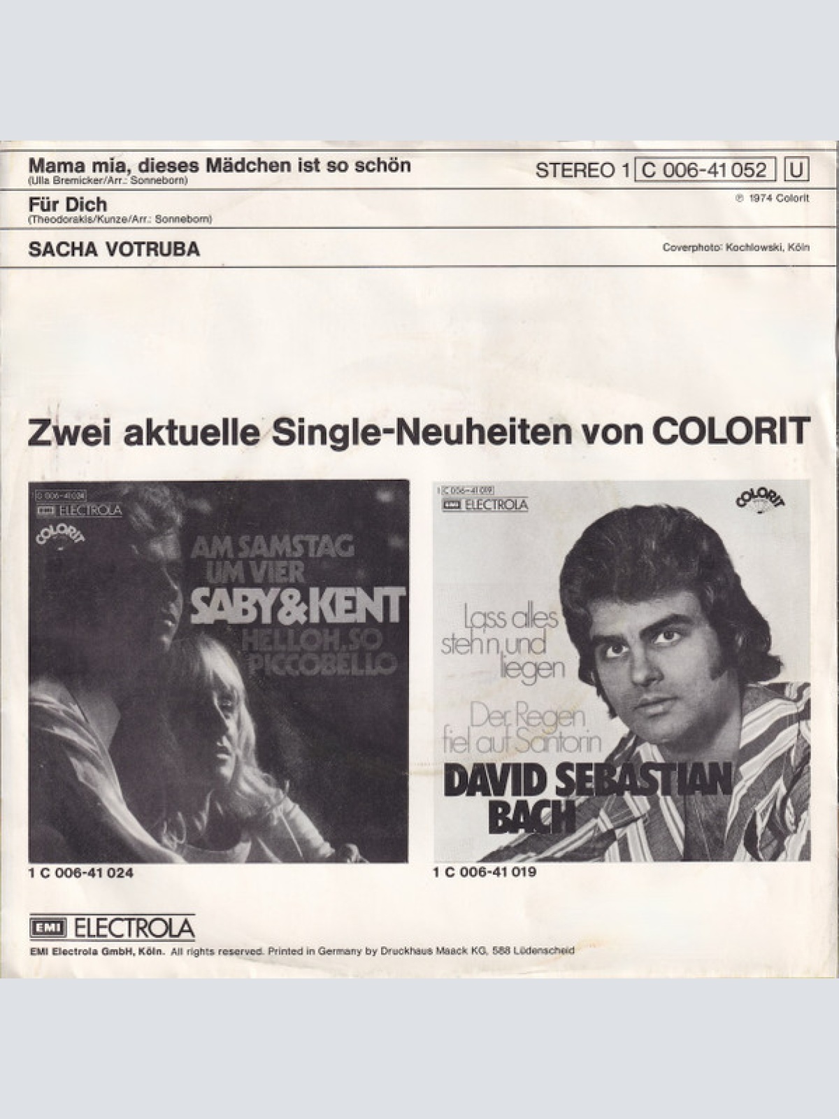 Vinyl / Sacha Votruba - Mama Mia (Dieses Mädchen Ist So Schön)