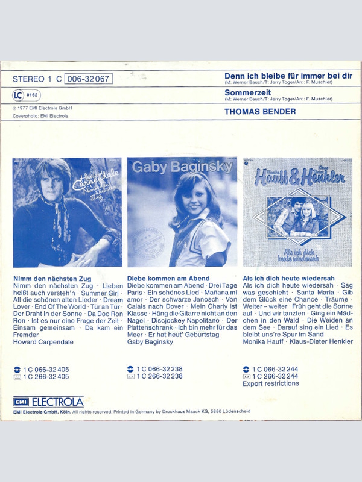 Vinyl / Thomas Bender (2) - Denn Ich Bleibe Für Immer Bei Dir