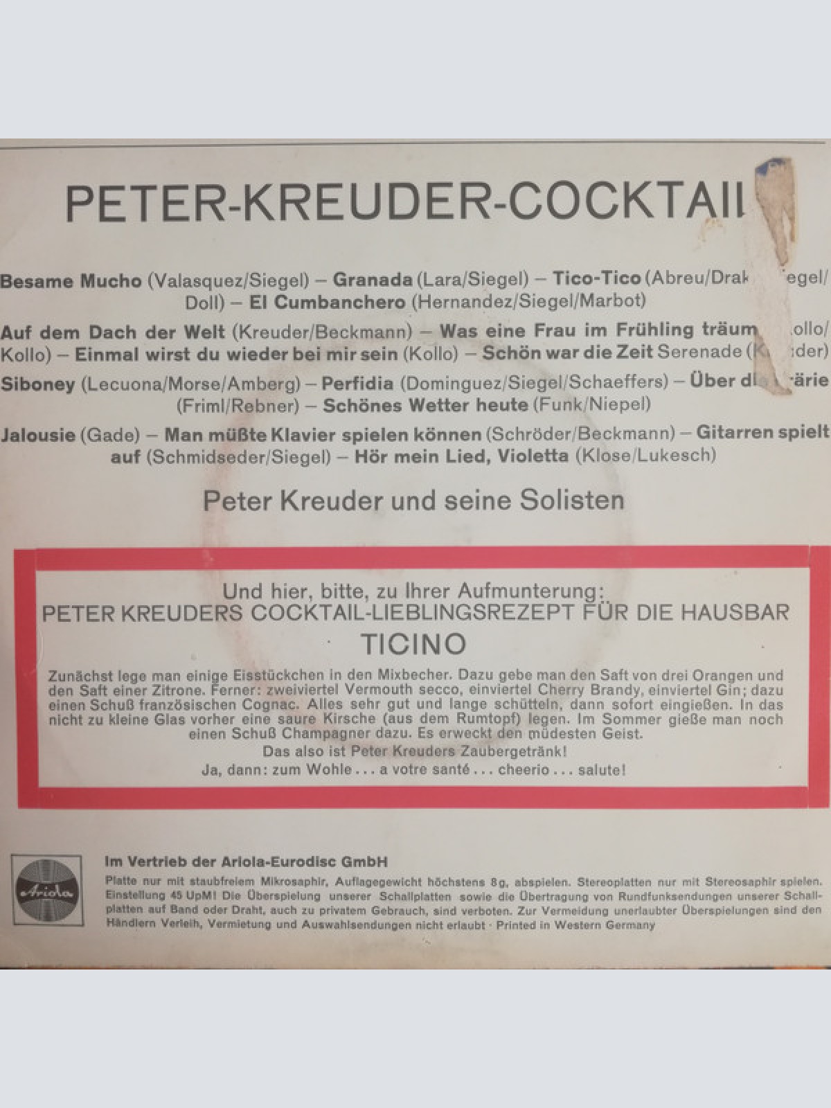 Vinyl / Peter Kreuder Mit Seinen Solisten - Peter Kreuder-Cocktail