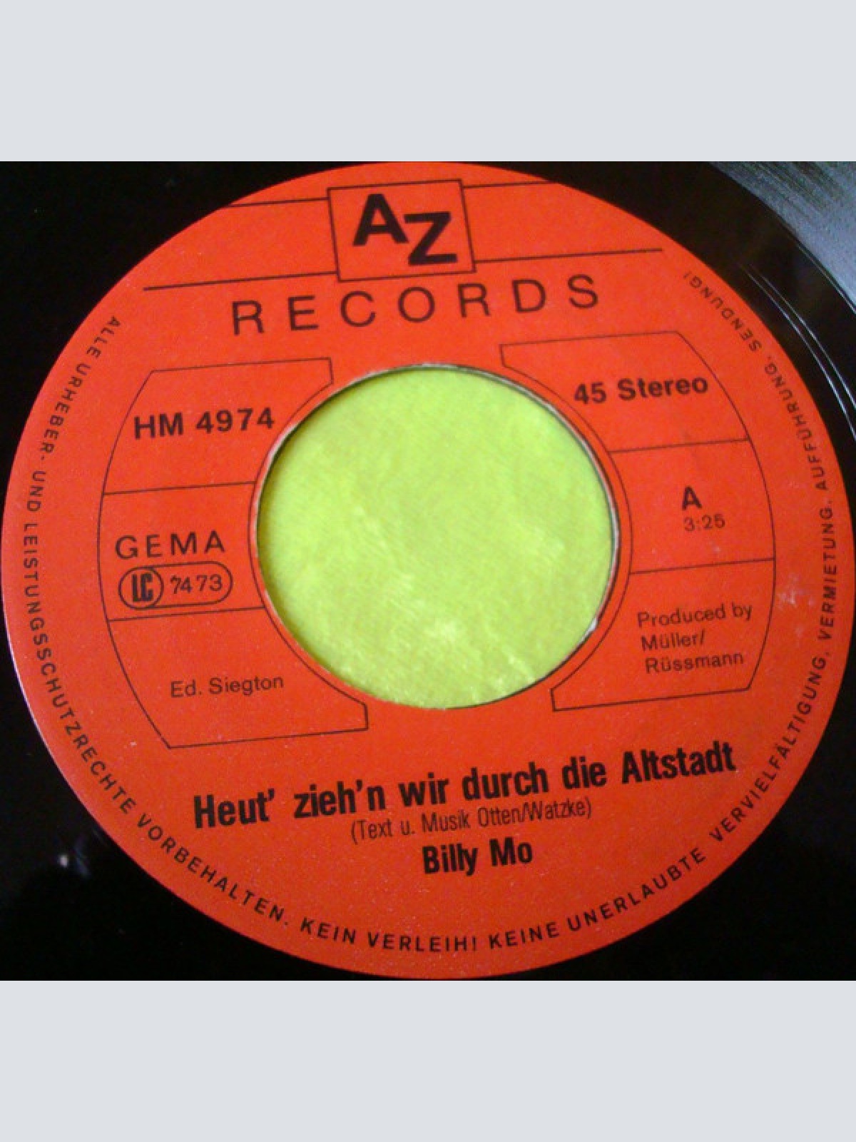 Vinyl / Billy Mo - Heut' Zieh'n Wir Durch Die Altstadt