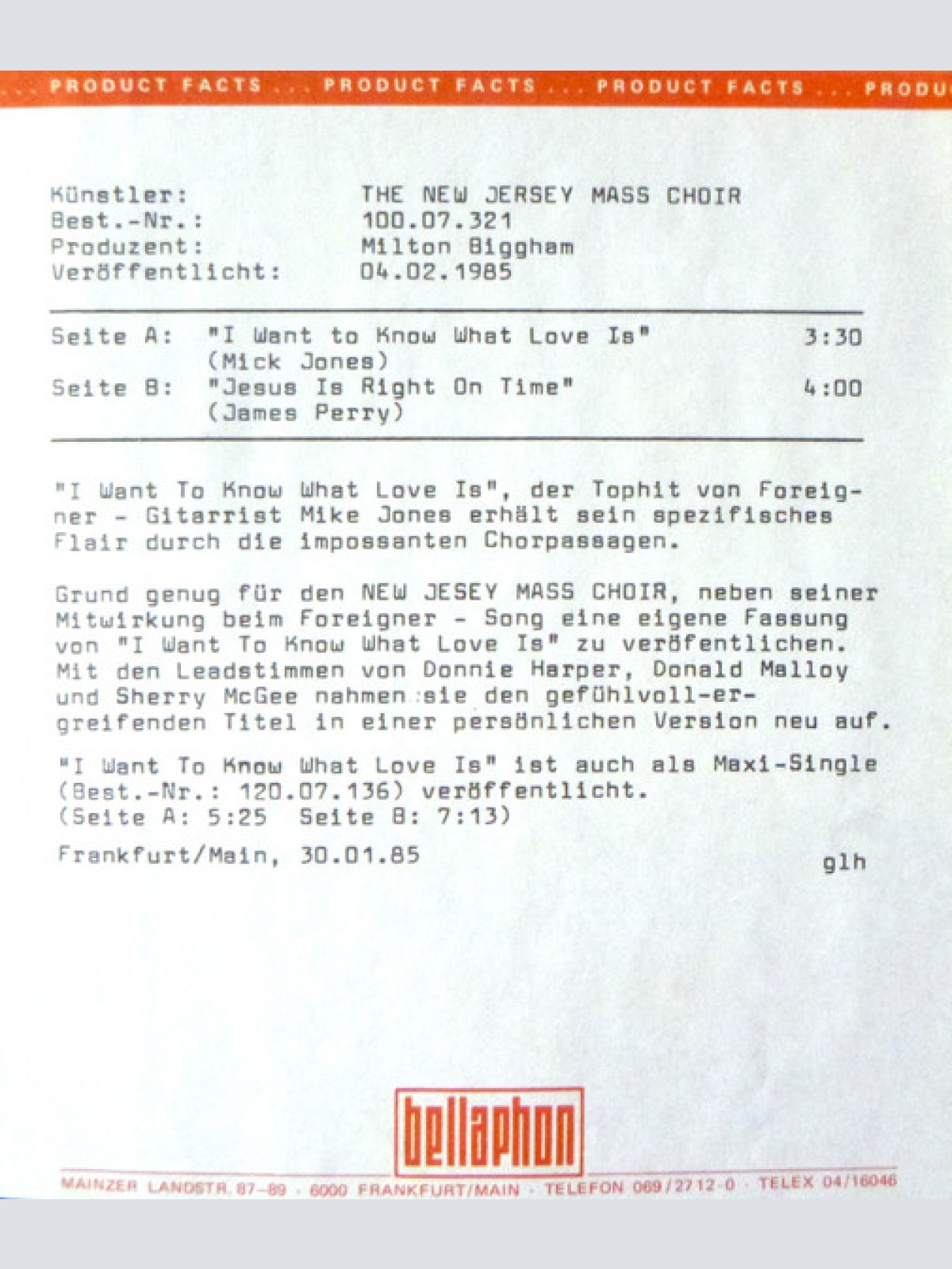 Vinyl / New Jersey Mass Choir* - I Want To Know What Love Is