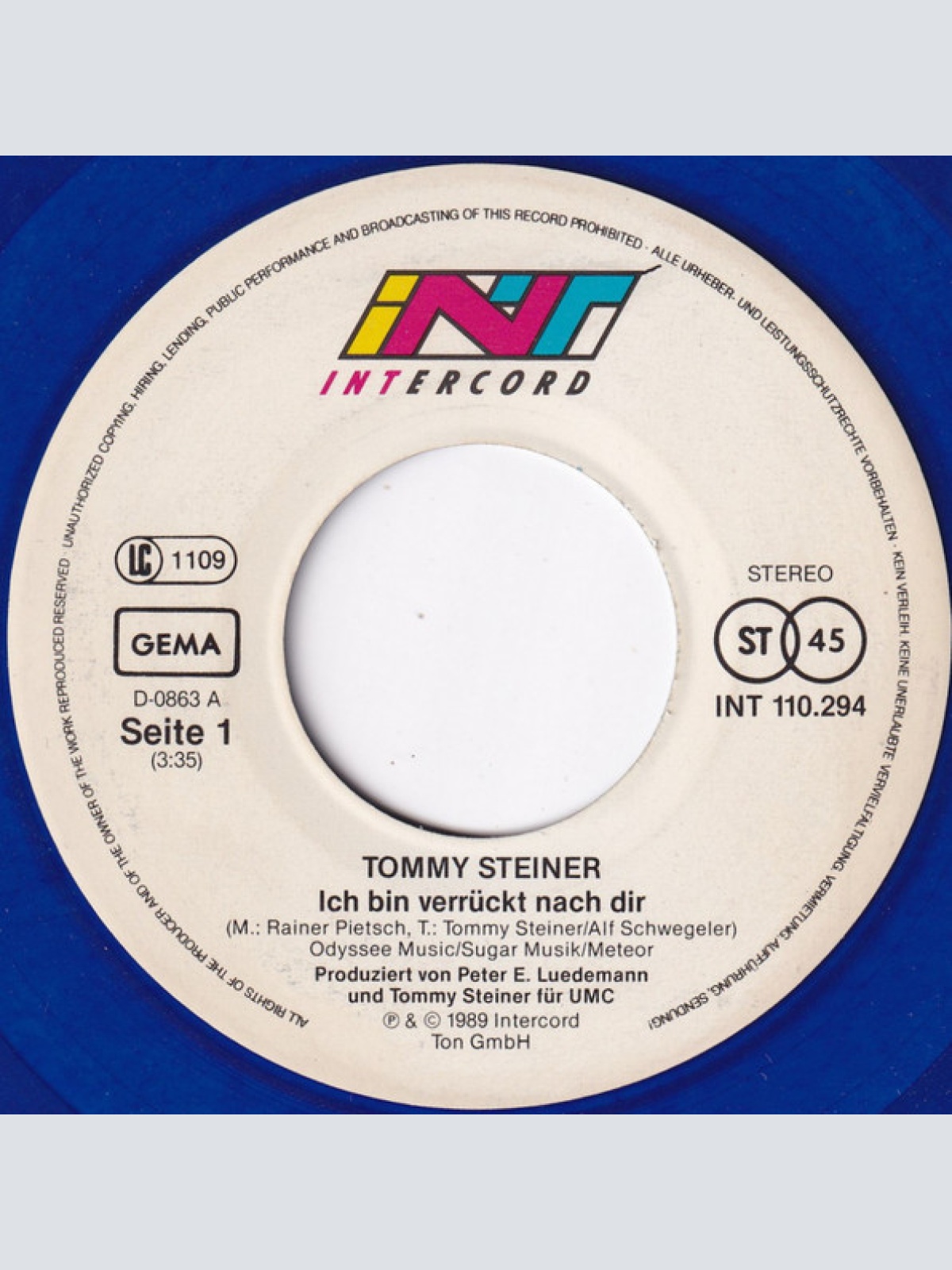 Vinyl / Tommy Steiner - Ich Bin Verrückt Nach Dir