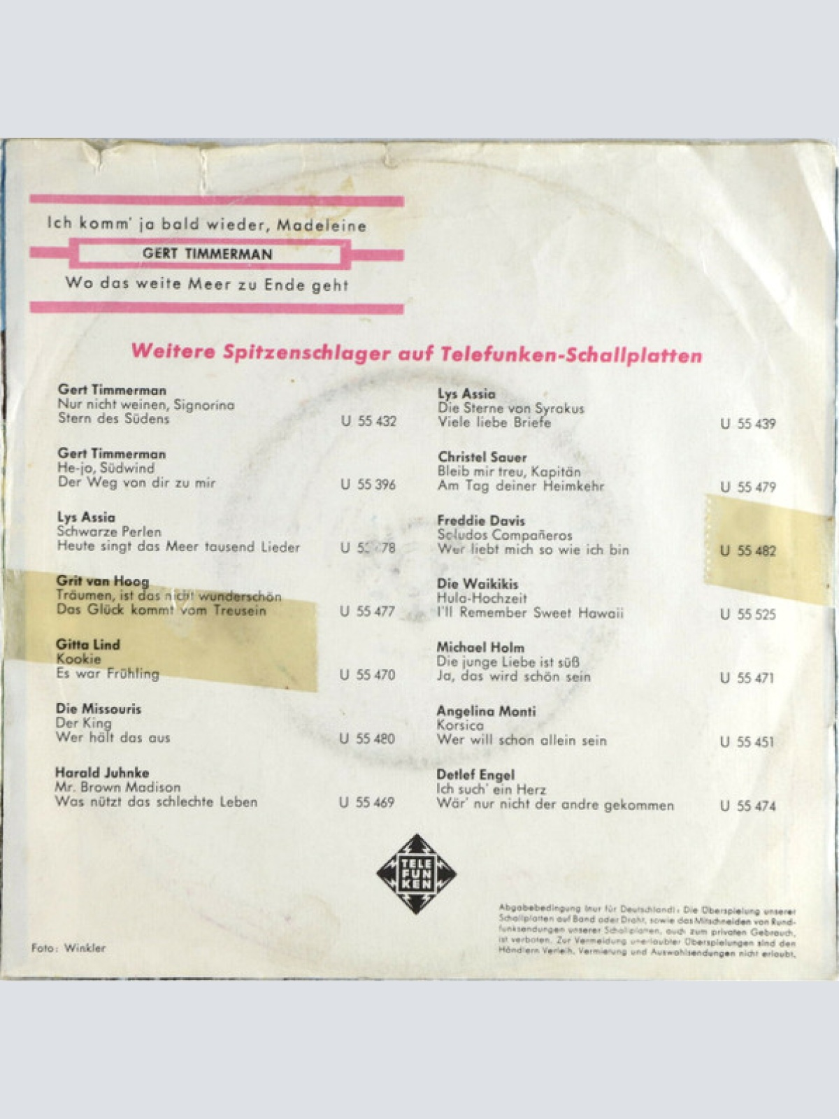 Vinyl / Gert Timmerman - Ich komm' ja bald wieder, Madeleine! / Wo das weite Meer zu Ende geht