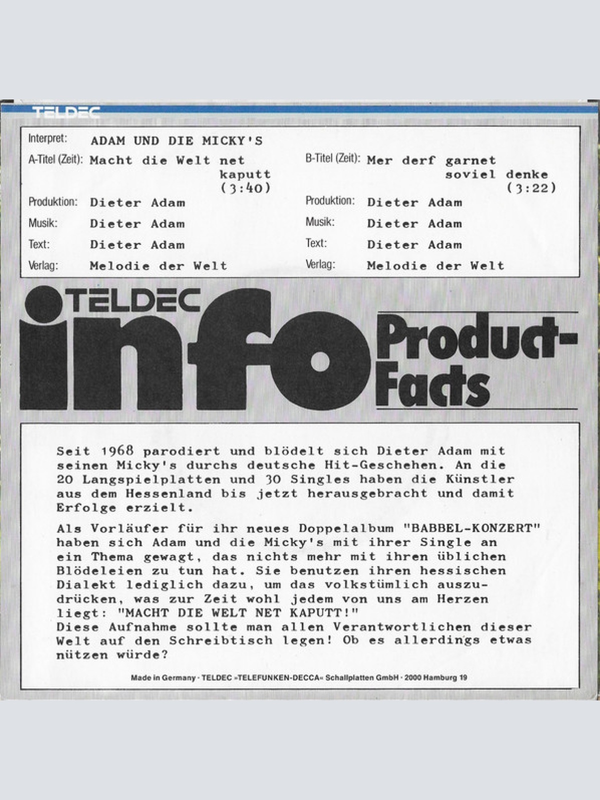 Vinyl / Adam Und Die Micky's - Macht Die Welt Net Kaputt