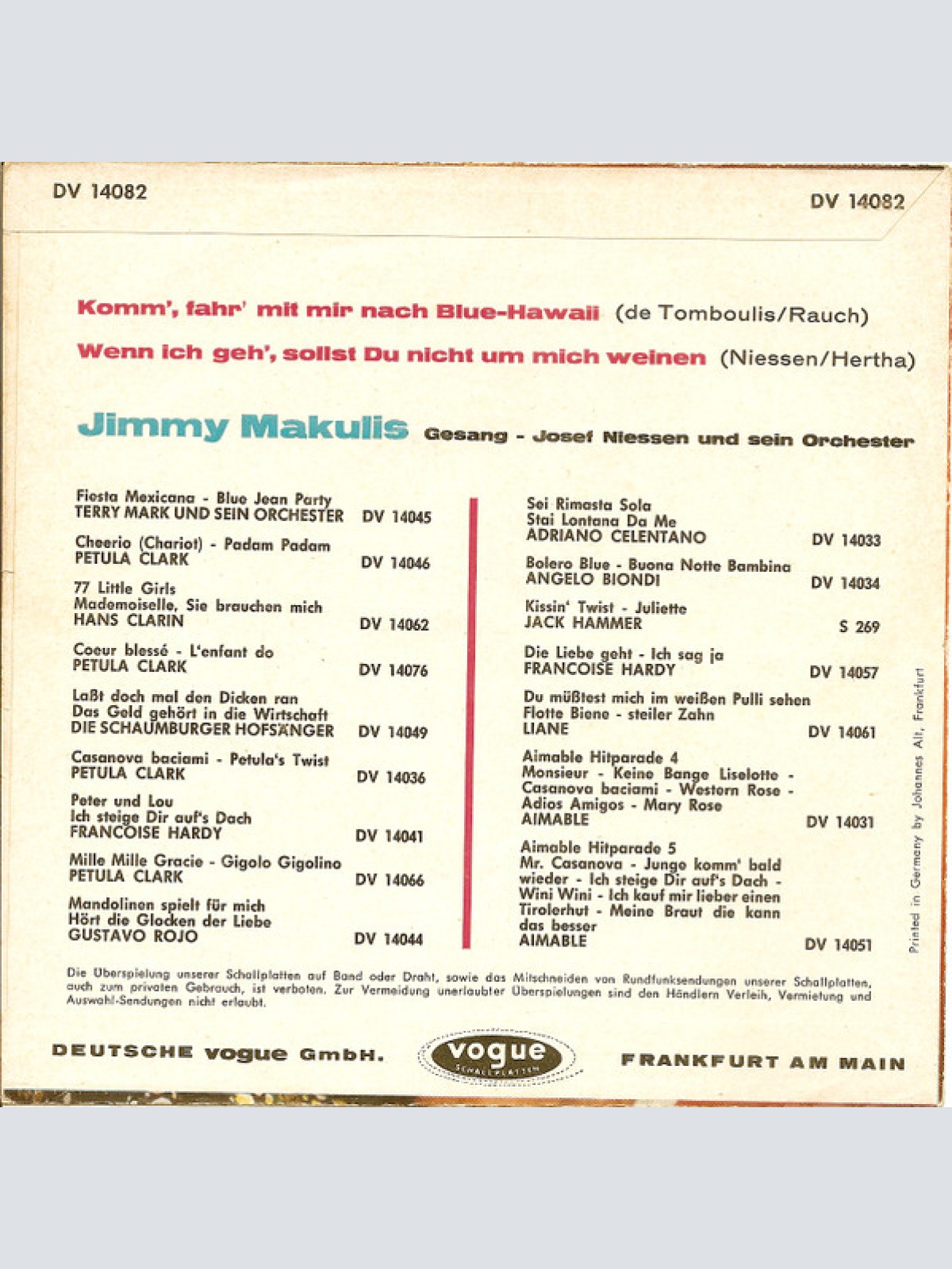 Vinyl / Jimmy Makulis - Komm', Fahr Mit Mir Nach Blue-Hawaii