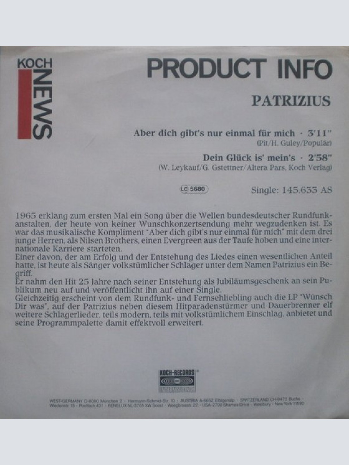 Vinyl / Patrizius - Aber Dich Gibt´s Nur Einmal Für Mich