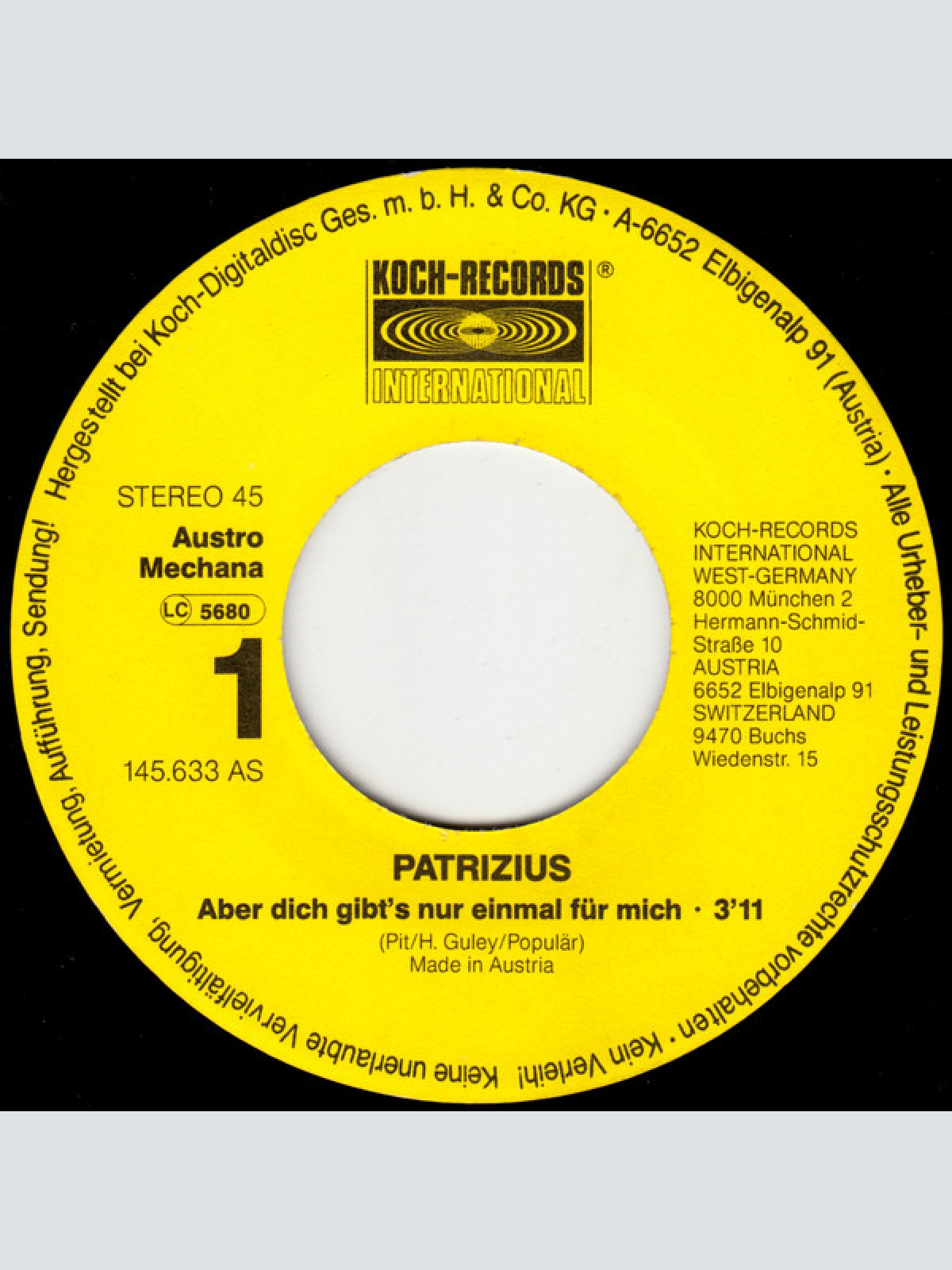 Vinyl / Patrizius - Aber Dich Gibt´s Nur Einmal Für Mich